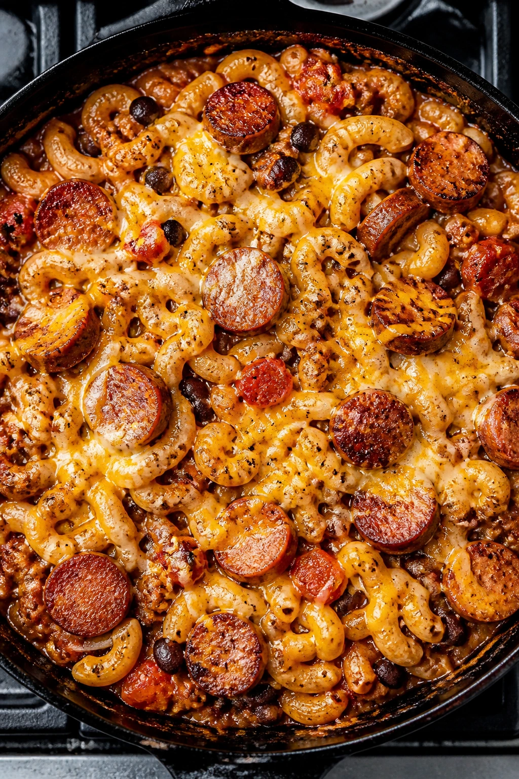 Chili mac with smoked sausage and beans in a skillet