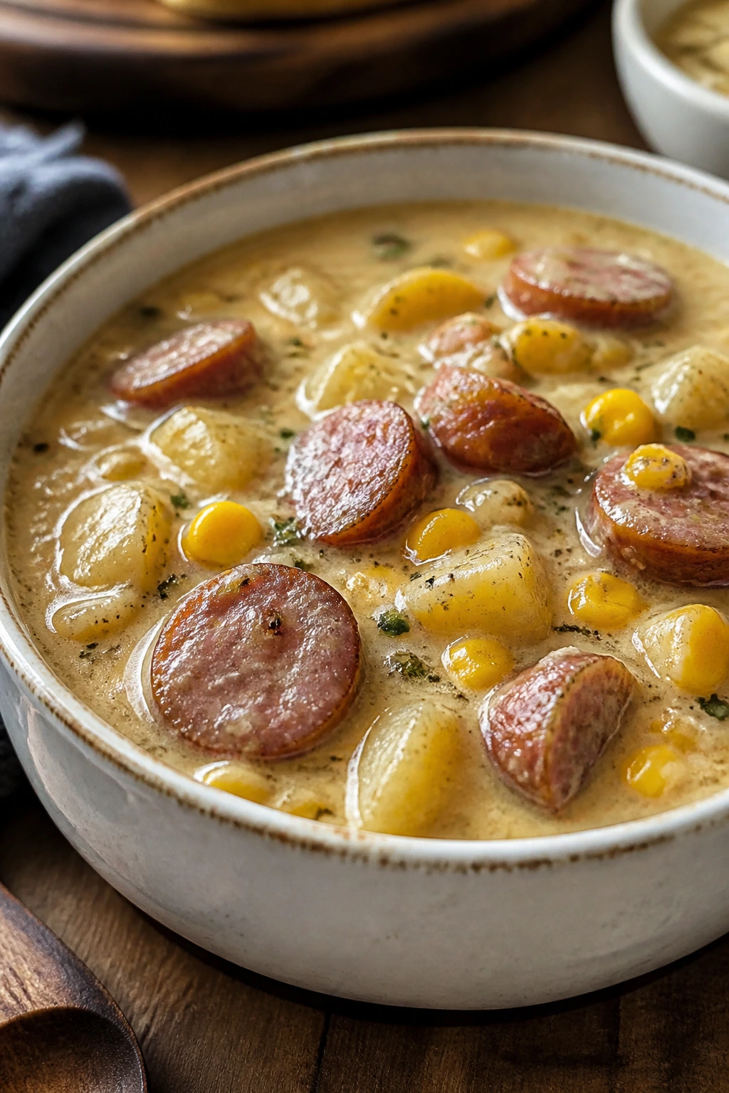 Close-up of thick smoked sausage chowder with corn and potatoes in a rustic bowl