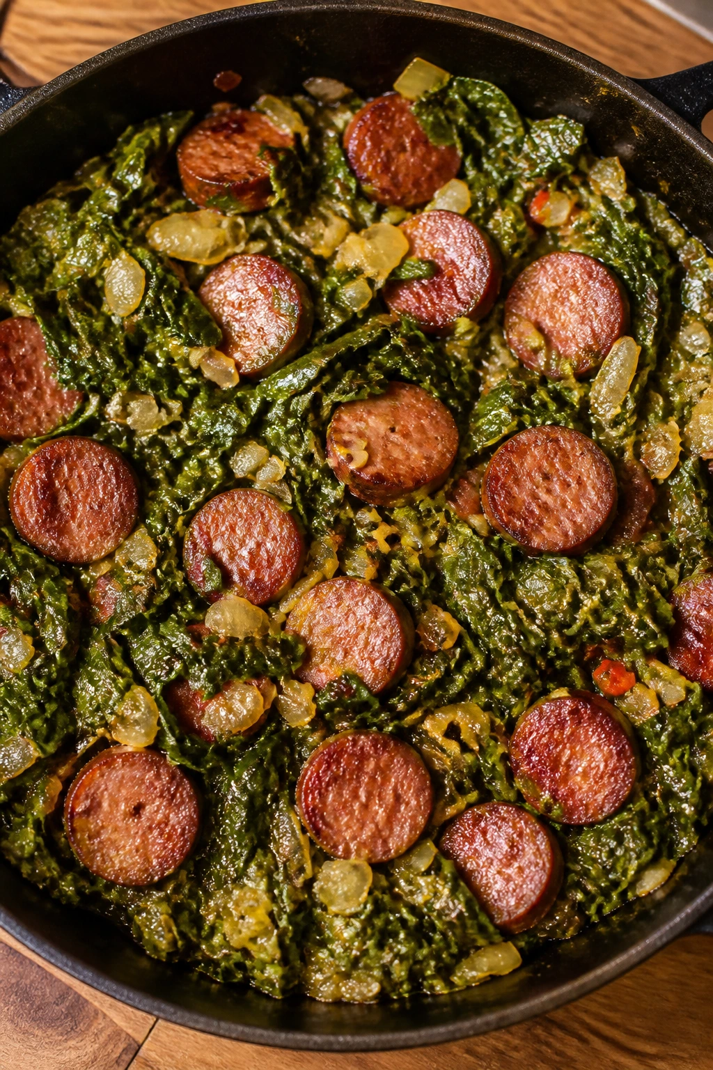 Skillet with collard greens and smoked sausage filling the frame