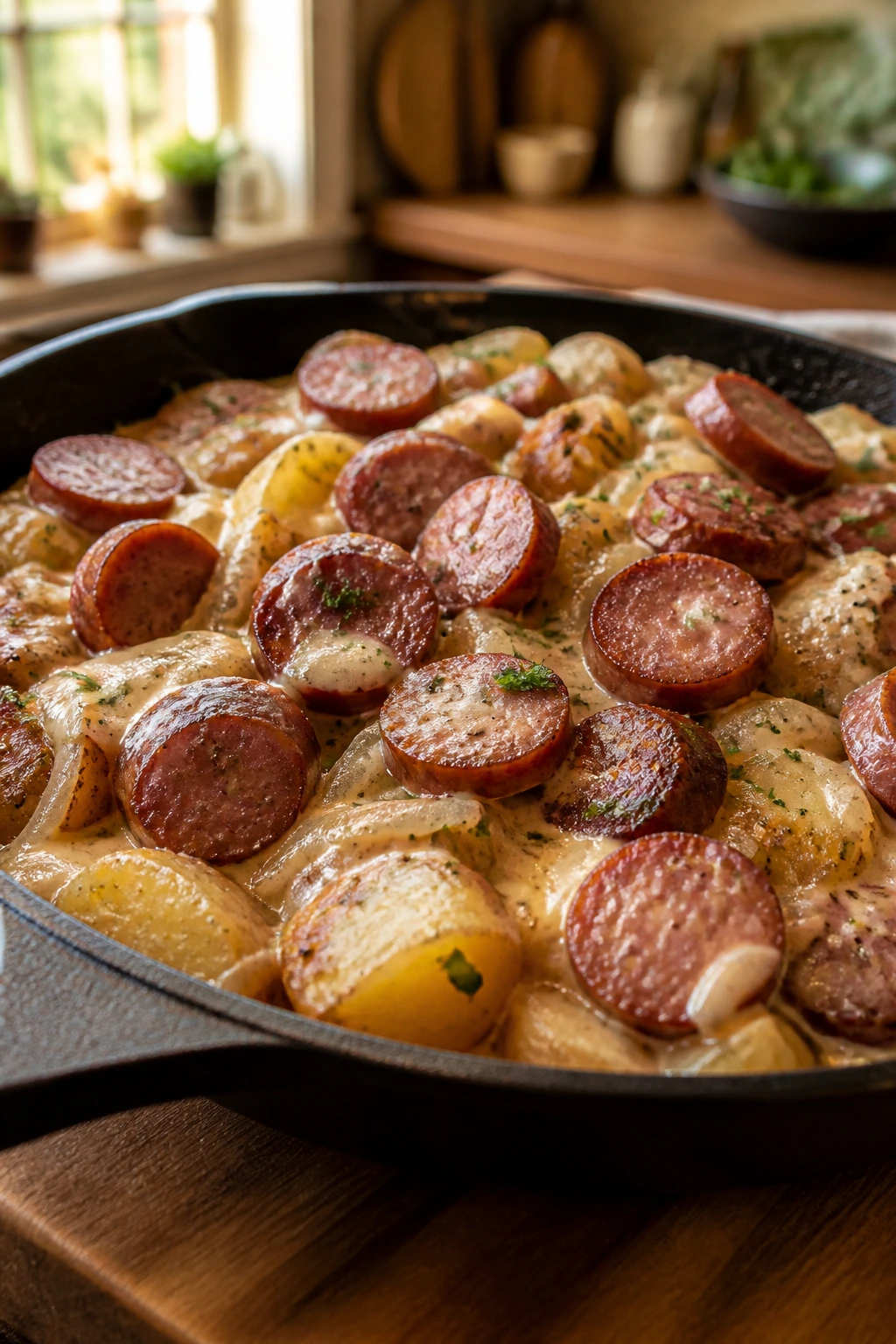 Close-up of a smoky sausage skillet in a warm kitchen.
