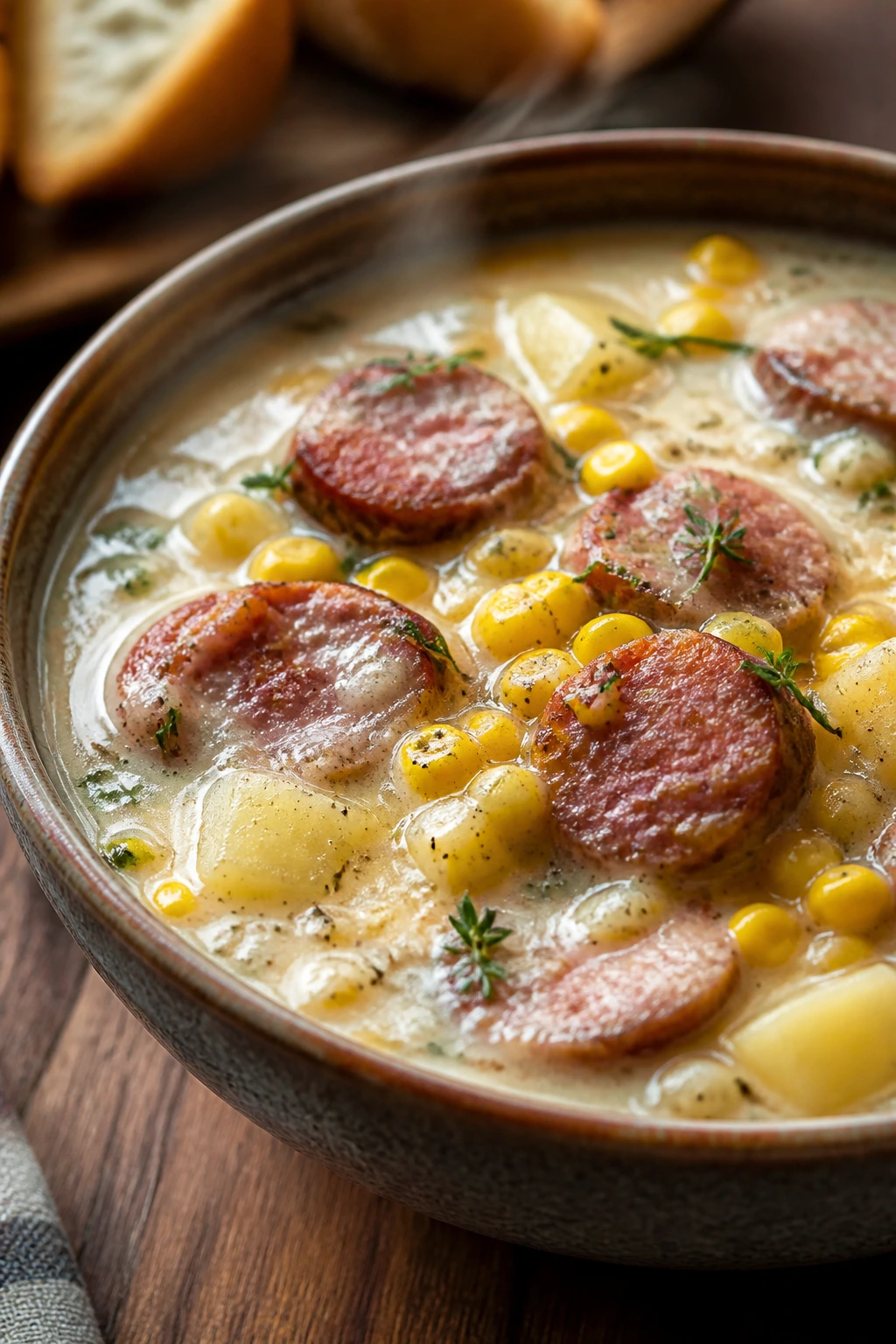 Creamy corn chowder with sausage in rustic bowl