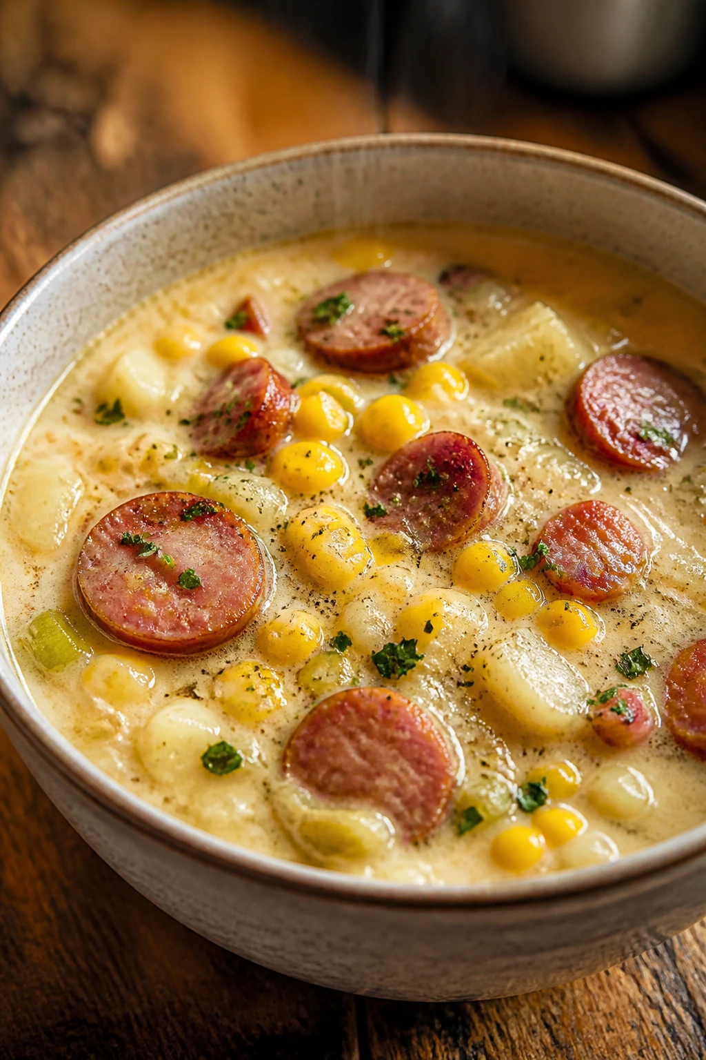 Close-up of a steaming bowl of smoked sausage corn chowder with corn and sausage