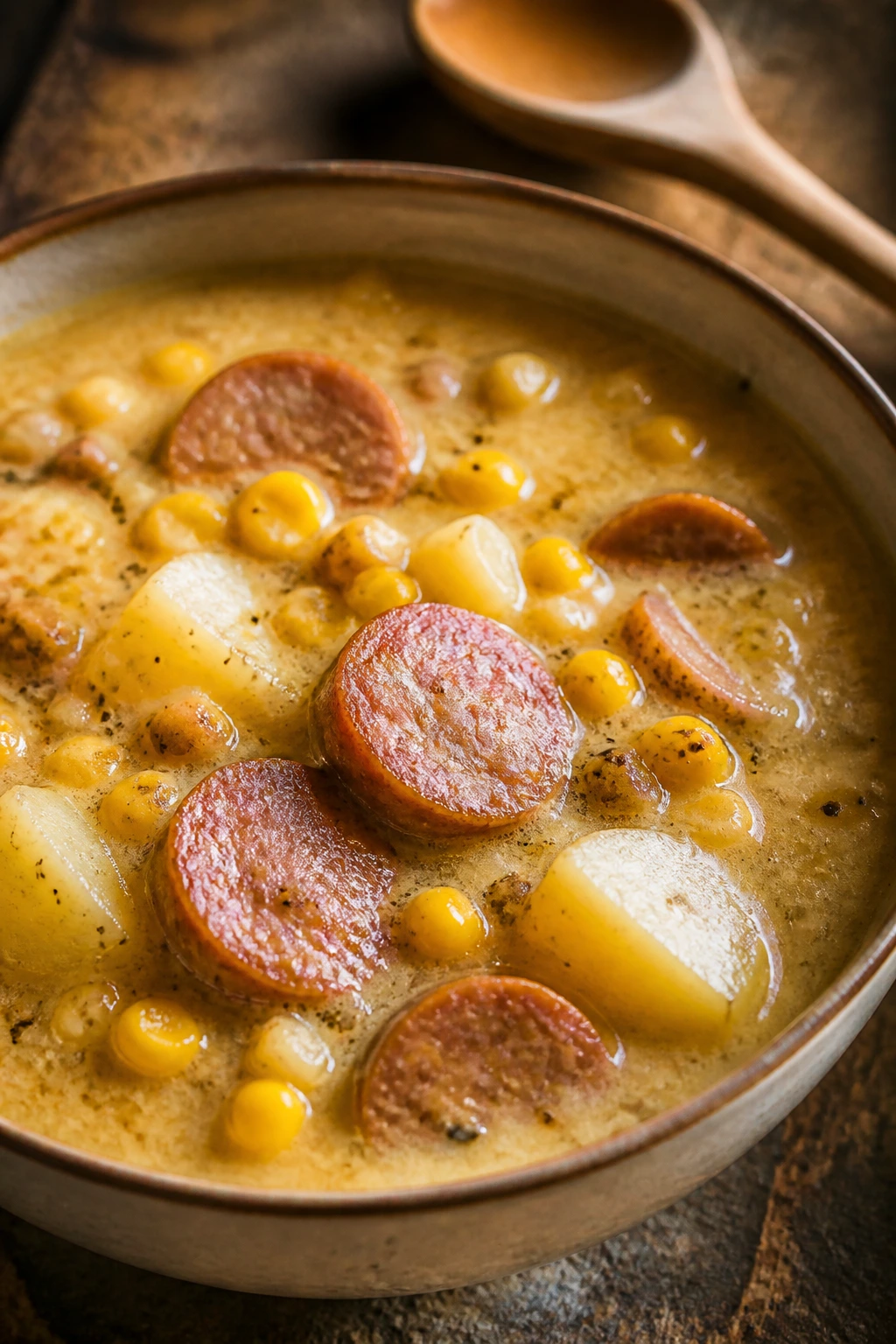 Steaming bowl of smoked sausage corn chowder with corn and potatoes