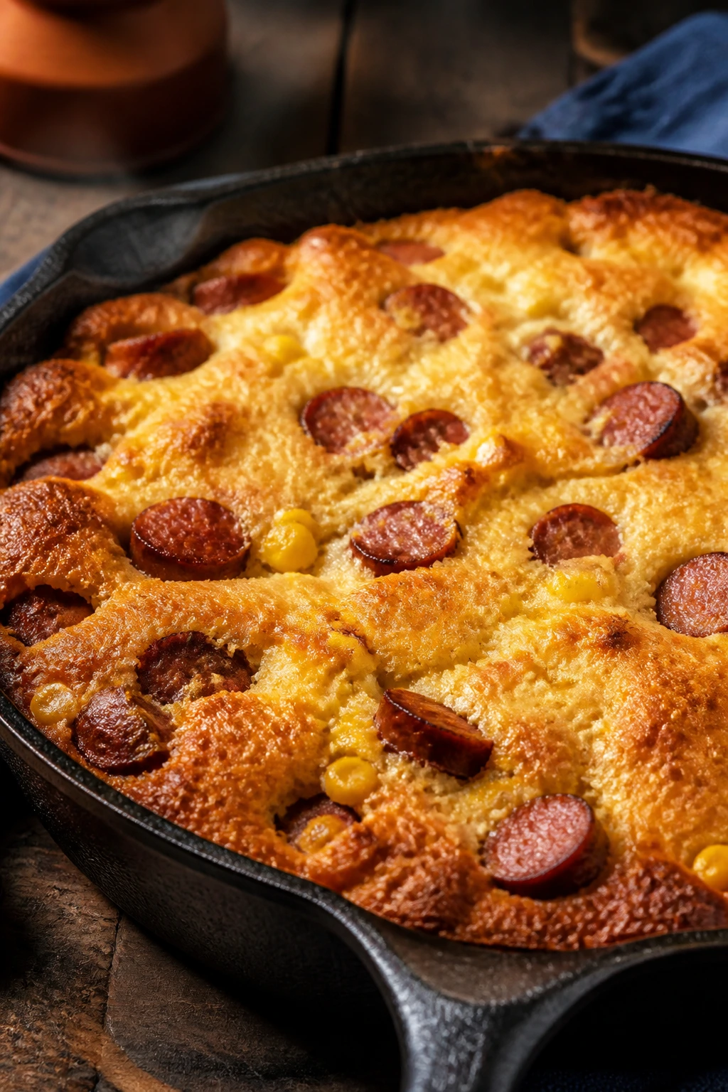 Close-up of smoked sausage cornbread bake in cast-iron skillet