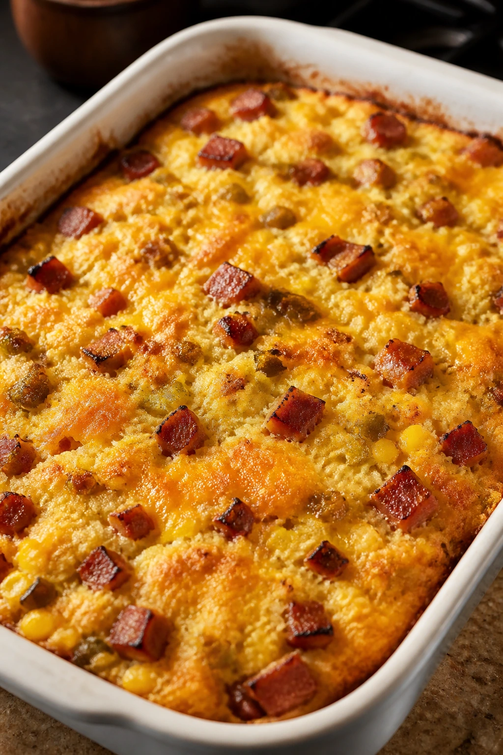 Golden smoked sausage cornbread casserole in a baking dish