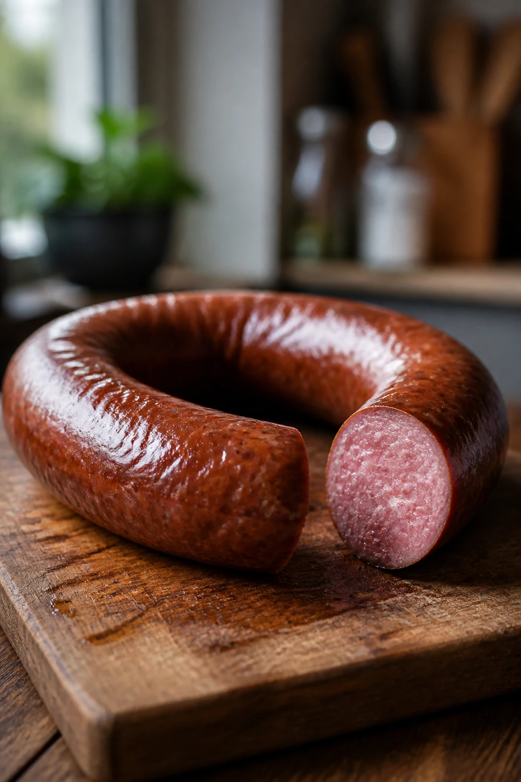 Smoked sausage ring on cutting board with marbling