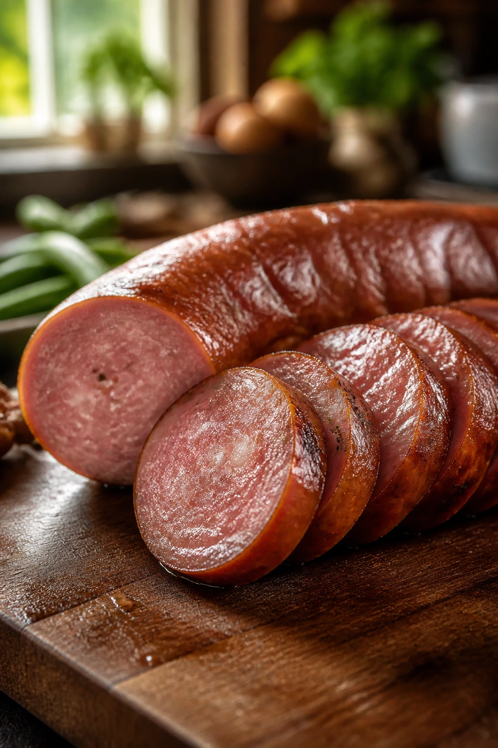 Close-up of smoked sausage on cutting board in a warm kitchen.