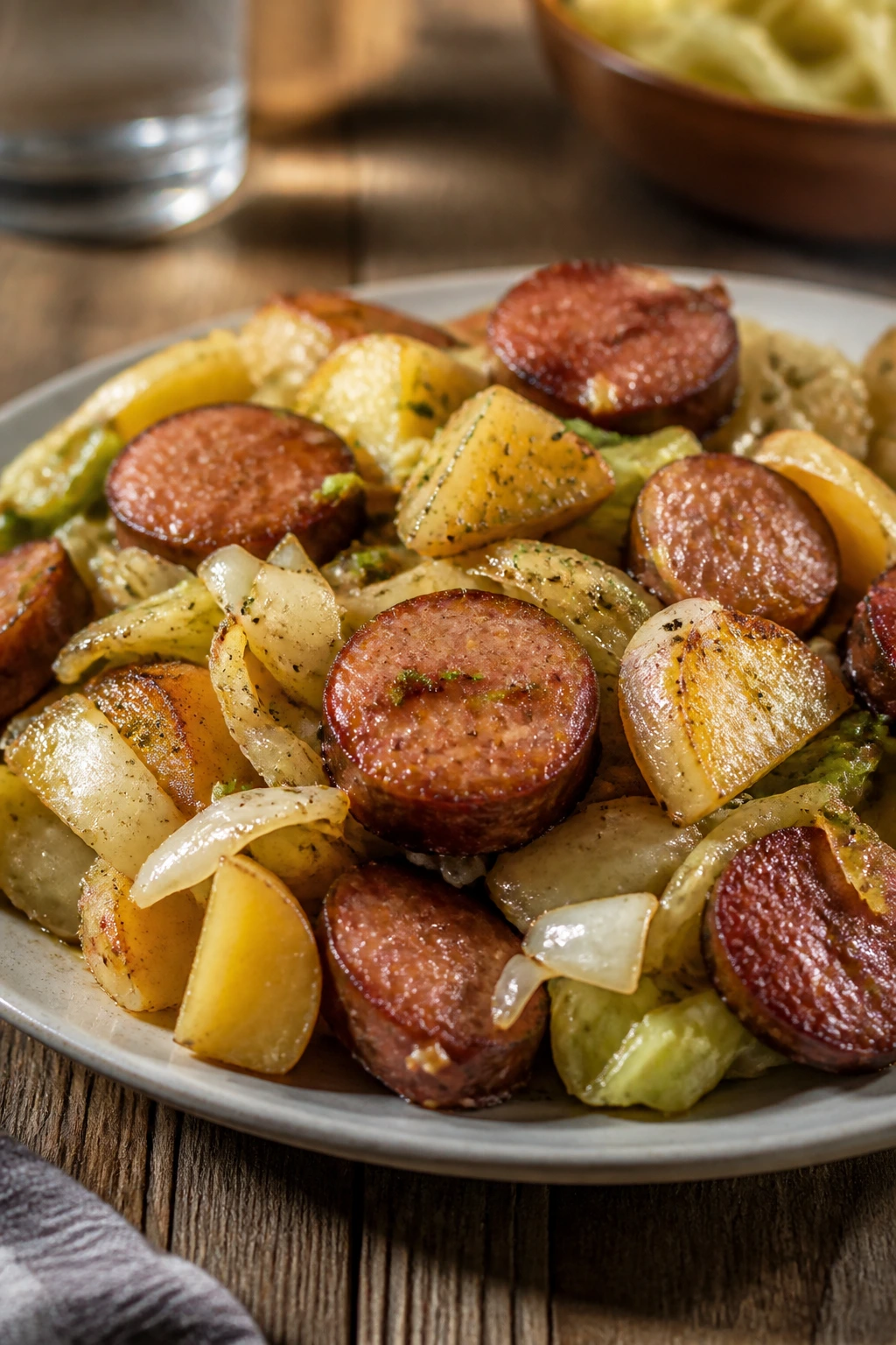 Plate of smoked sausage with potatoes and cabbage on a rustic table