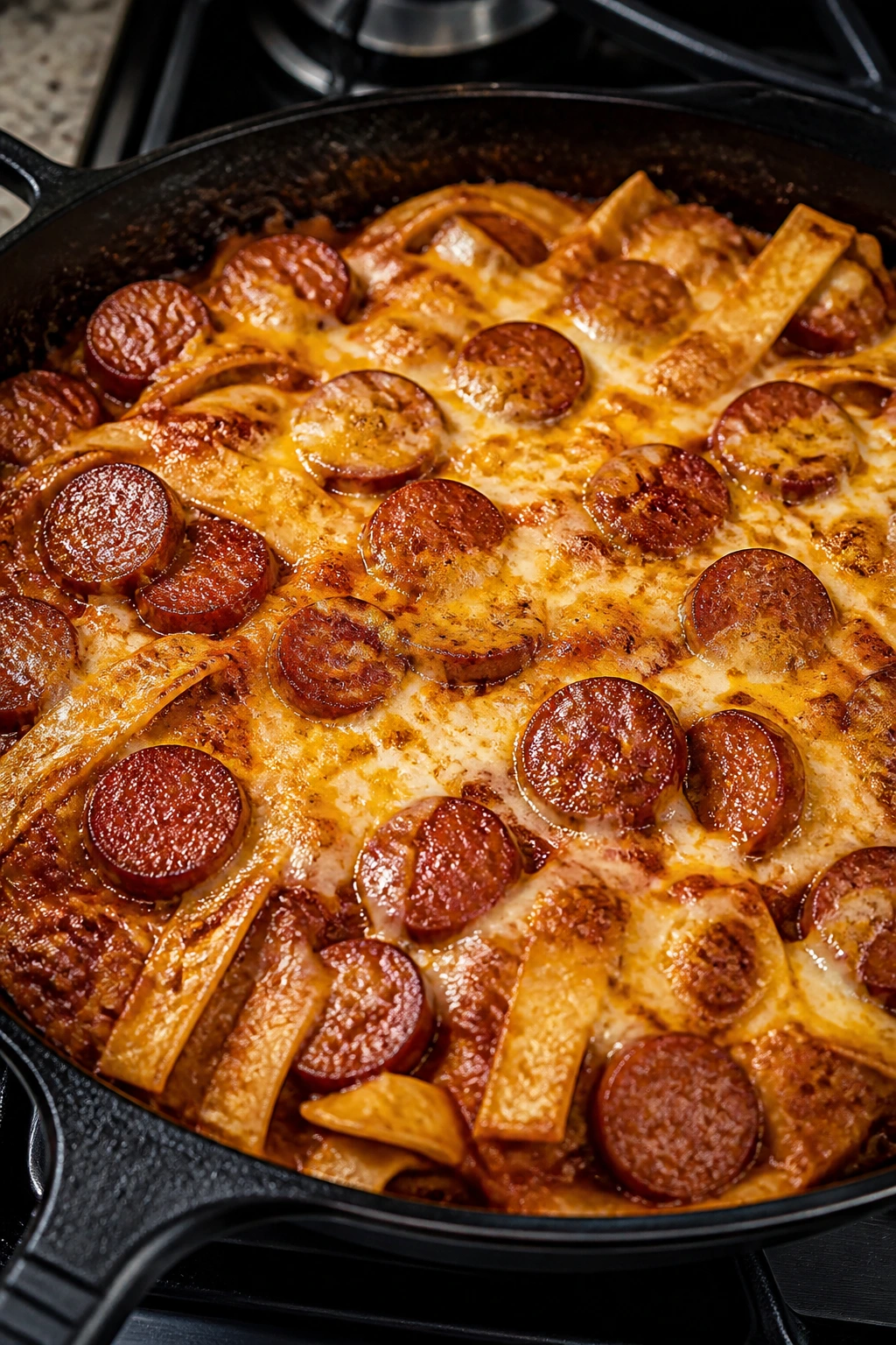 Skillet with sausage, enchilada sauce, beans, and cheese