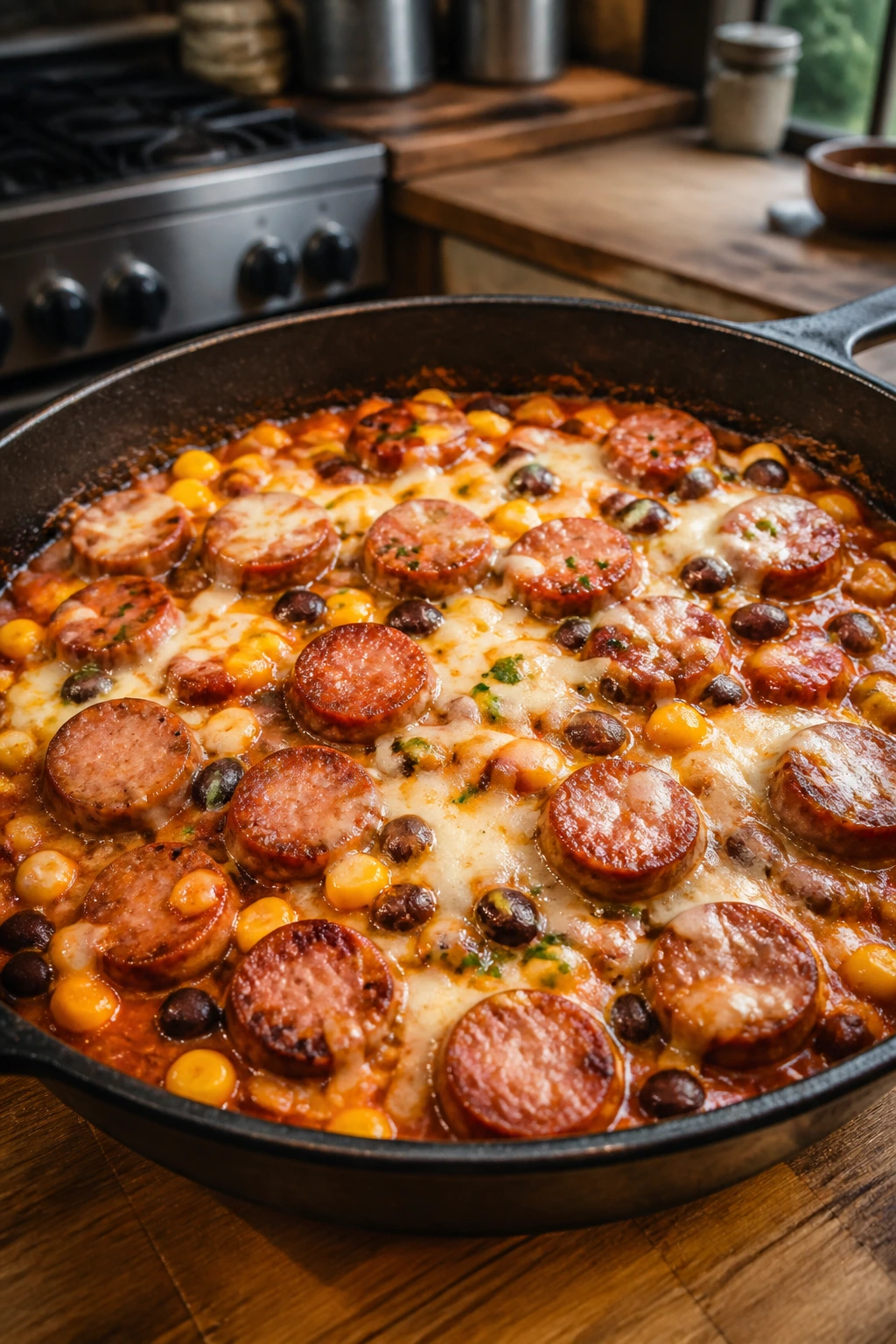 Close-up of smoky sausage enchilada skillet with beans, corn and melted cheese in a rustic kitchen
