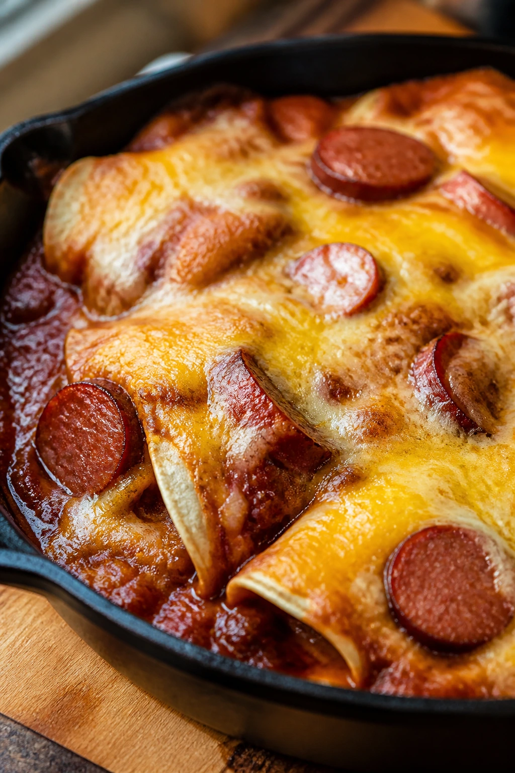 Close-up of bubbling smoked sausage enchiladas in a cast-iron skillet.