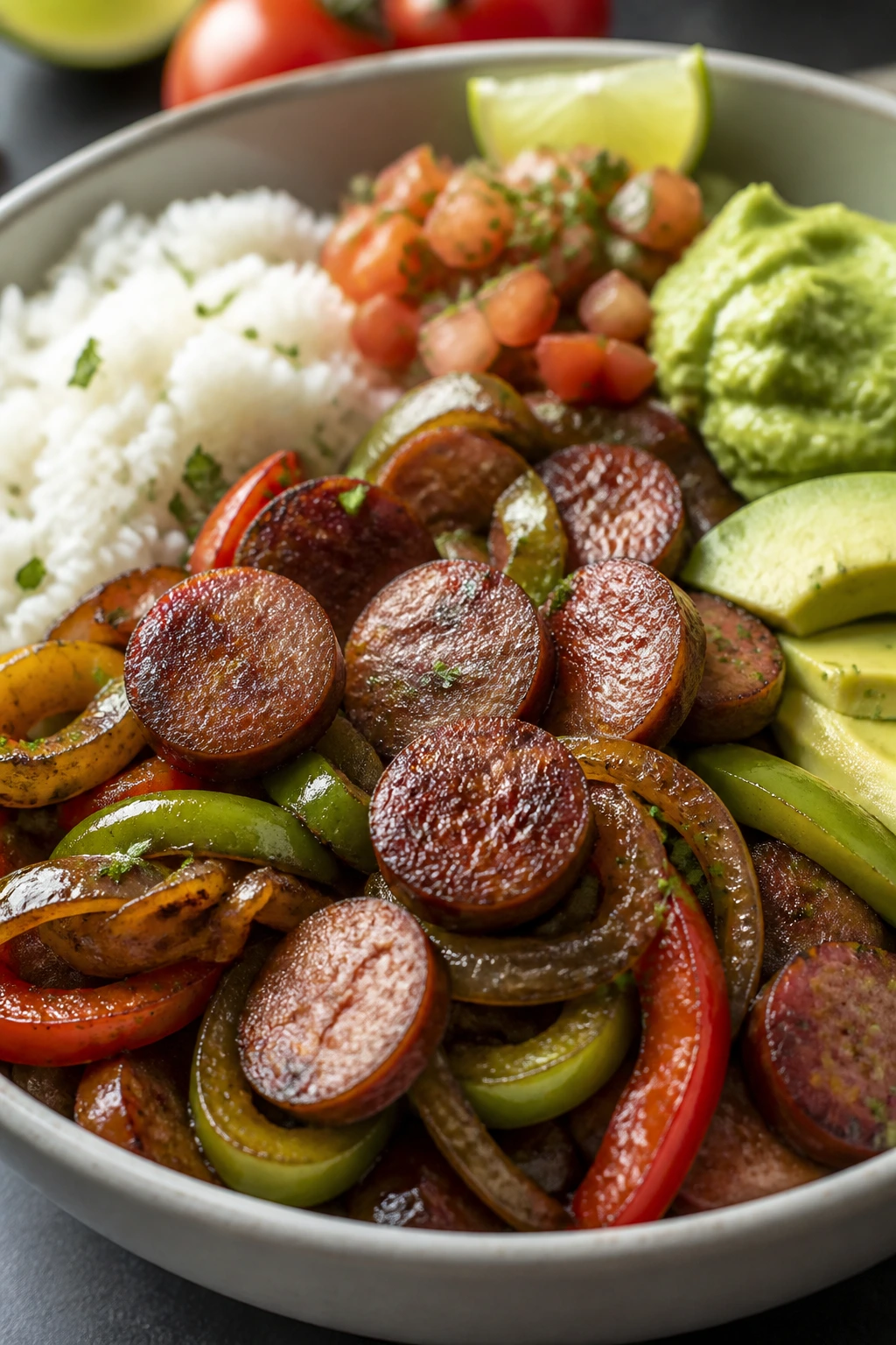 Smoked sausage fajita bowl with peppers and avocado
