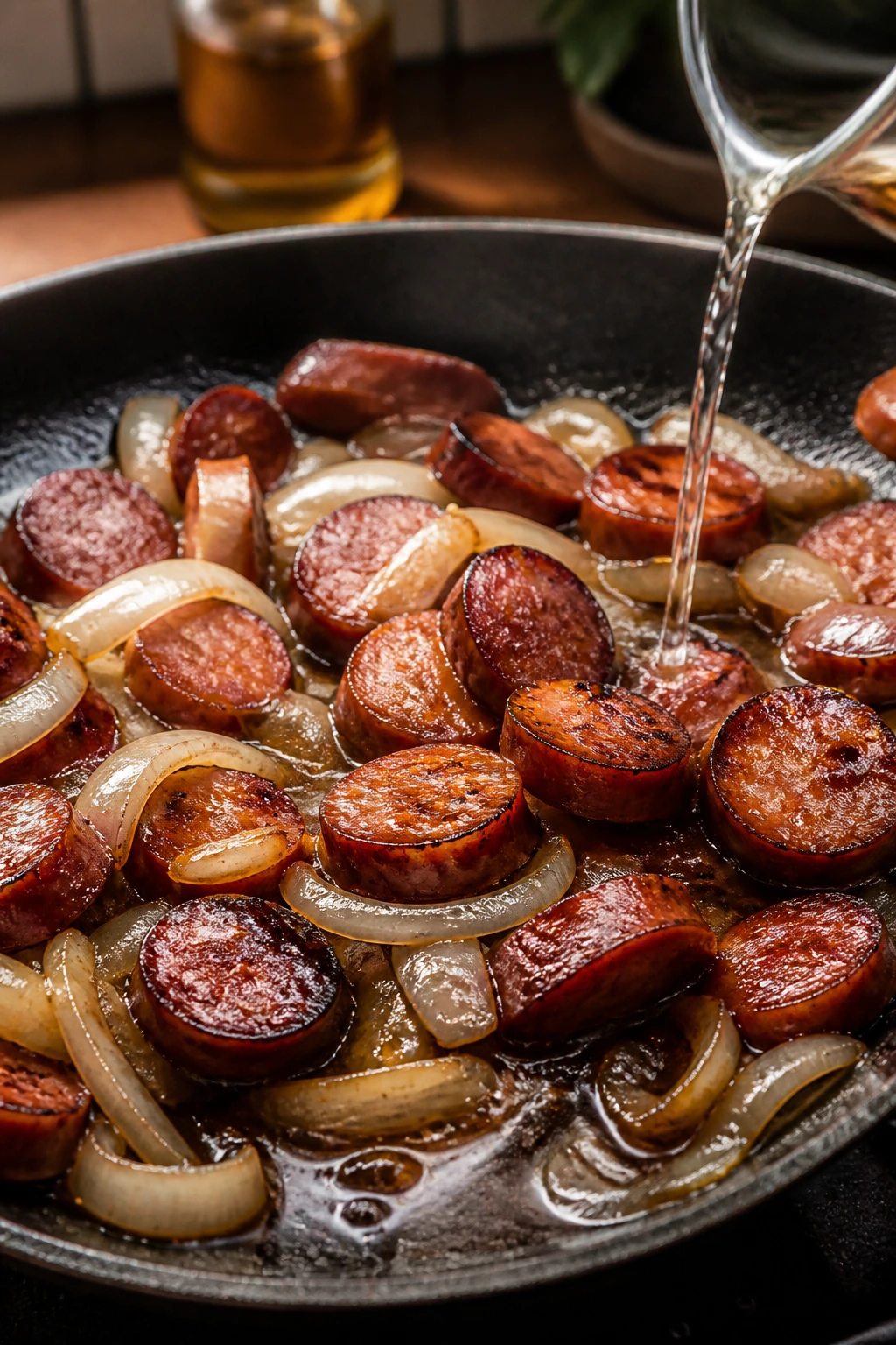 Skillet with browned smoked sausage and onions showing balance in fast dinners