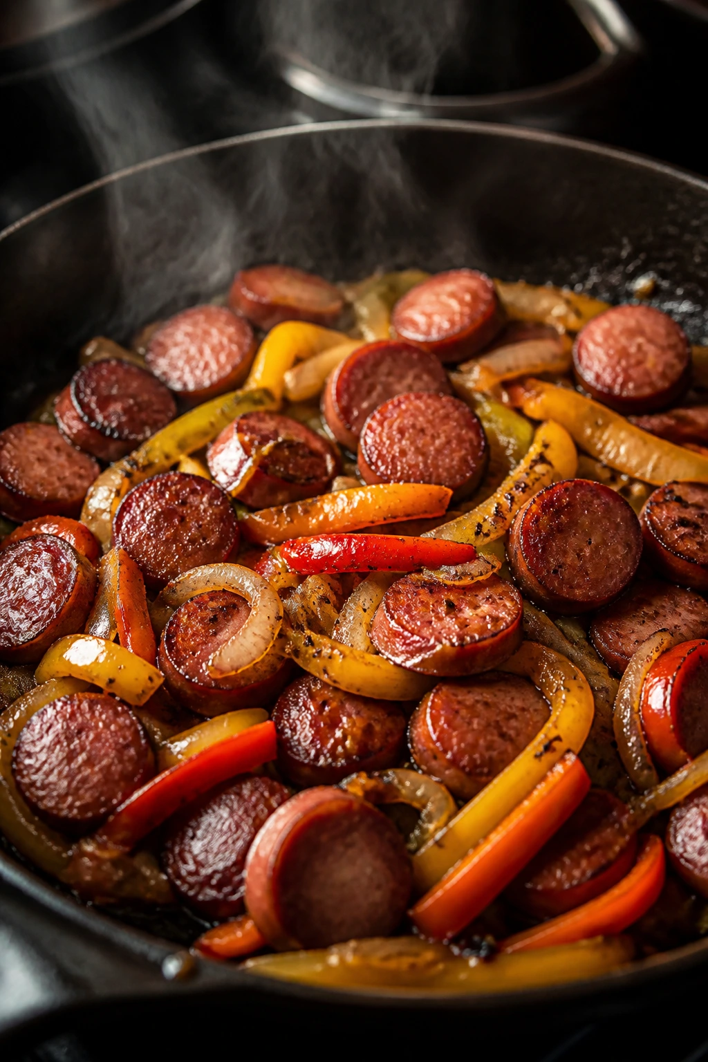 Close-up of browned smoked sausage pieces in a pan with peppers and onions