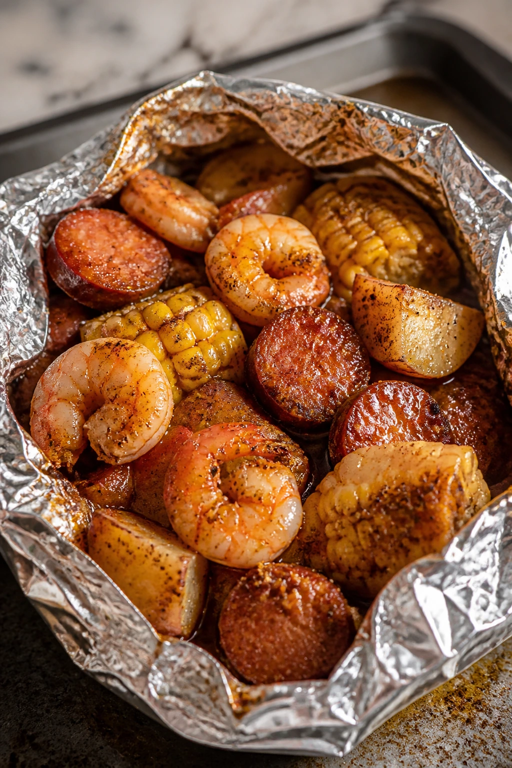 Foil pack with smoked sausage shrimp boil on sheet pan