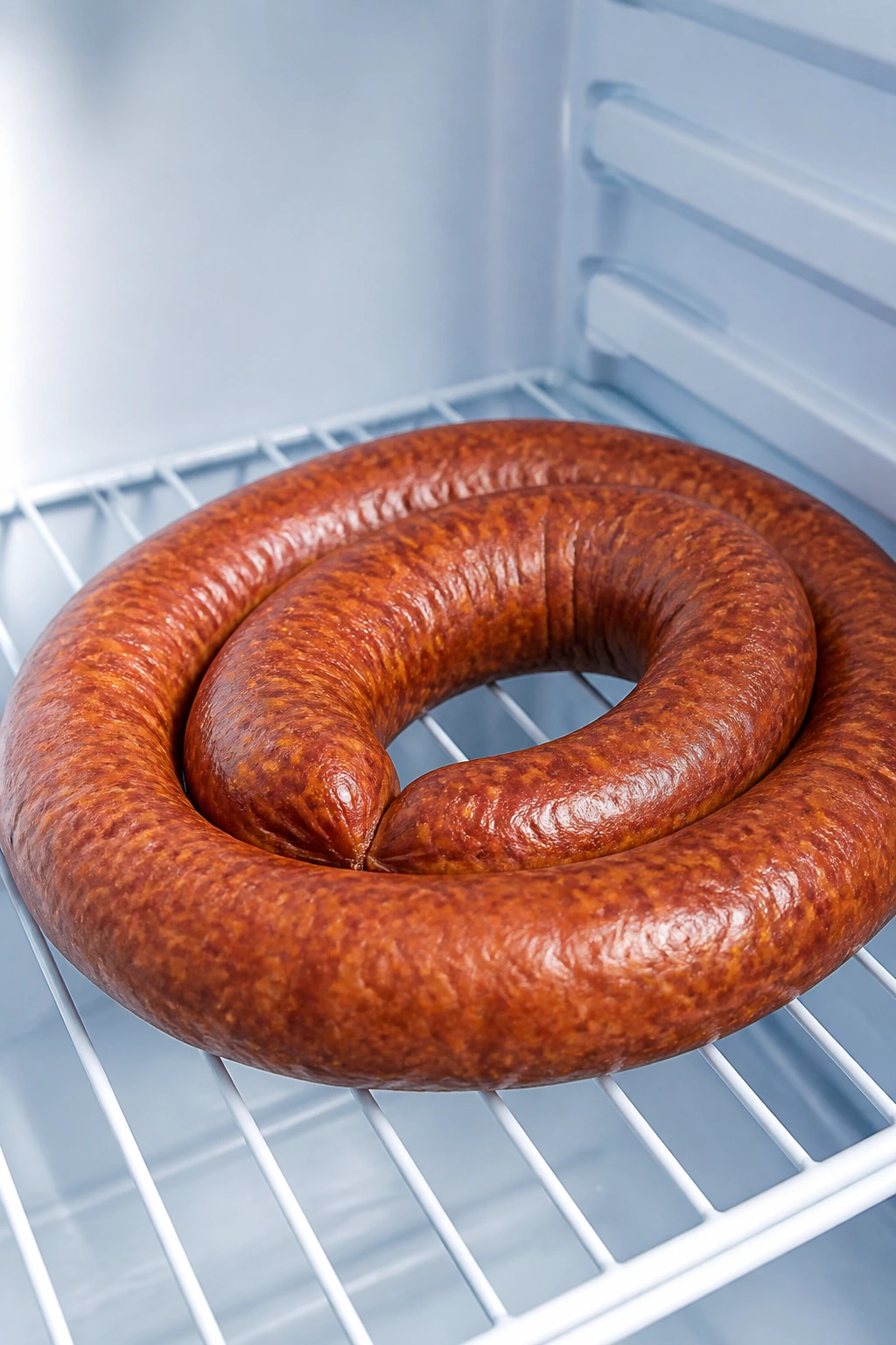 Fridge interior with a ring of smoked sausage on a shelf
