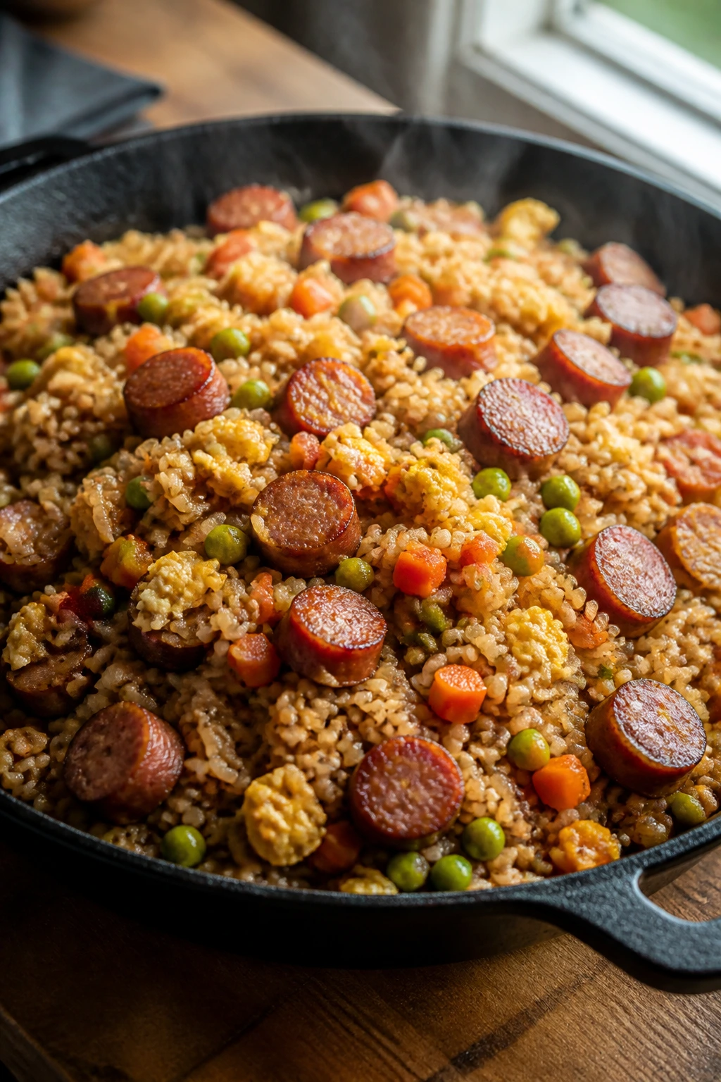 Close-up of smoked sausage fried rice in a skillet with crisp sausage and grains