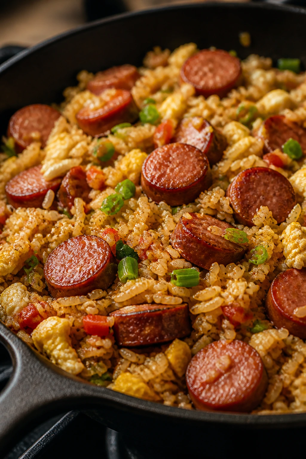 Close-up of fried rice with smoked sausage and eggs in a skillet