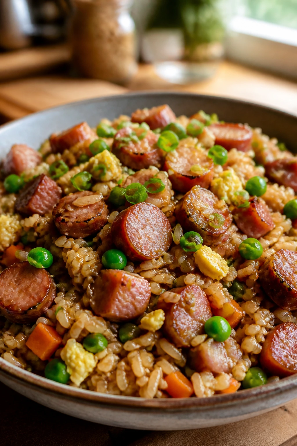 Close-up of smoked sausage fried rice with peas and carrots