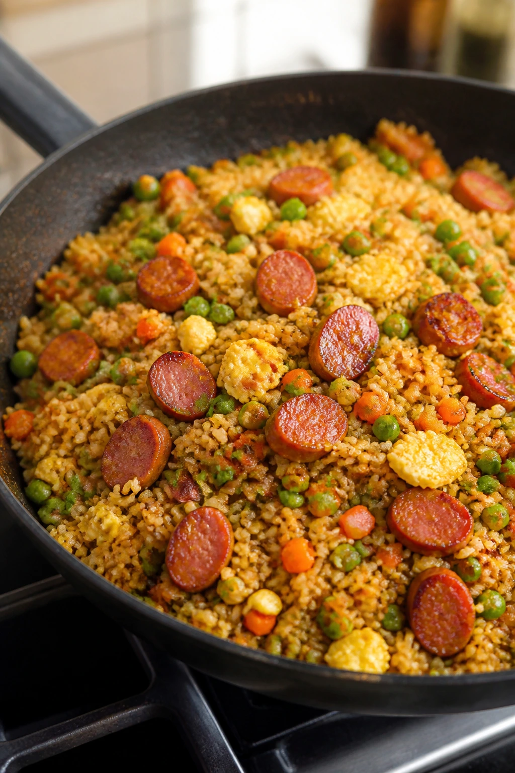 Fried rice with smoked sausage, peas, carrots, and eggs in a wok