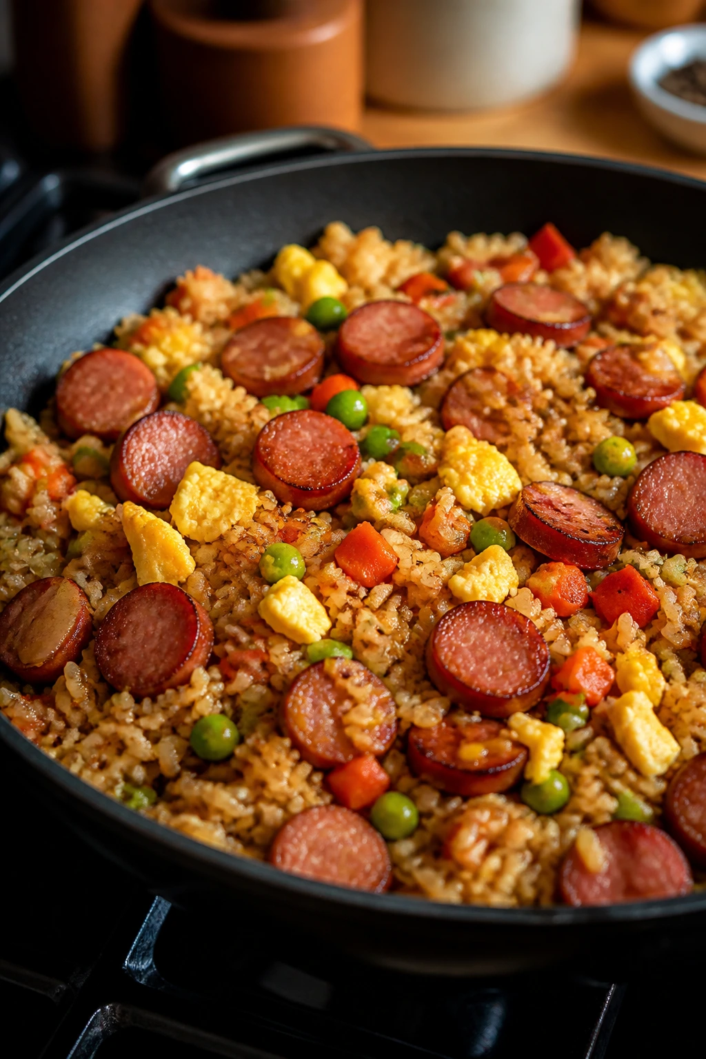 Close-up of smoked sausage fried rice with eggs and vegetables