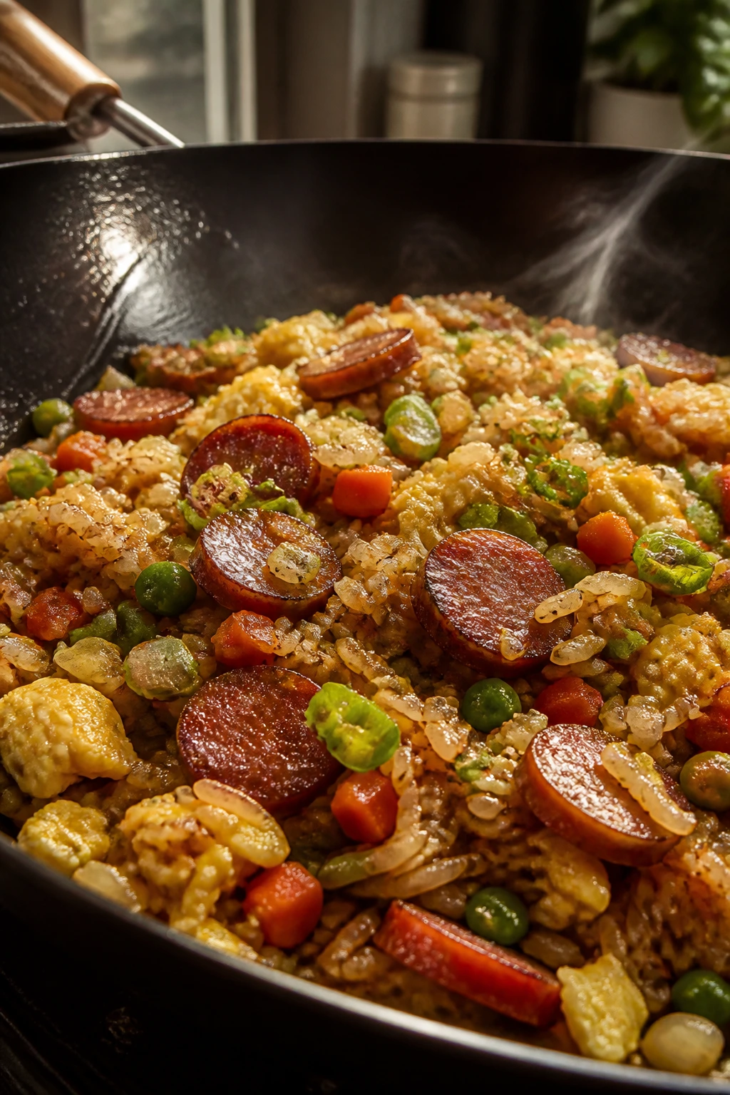 Close-up of smoked sausage fried rice with peas and eggs in a wok