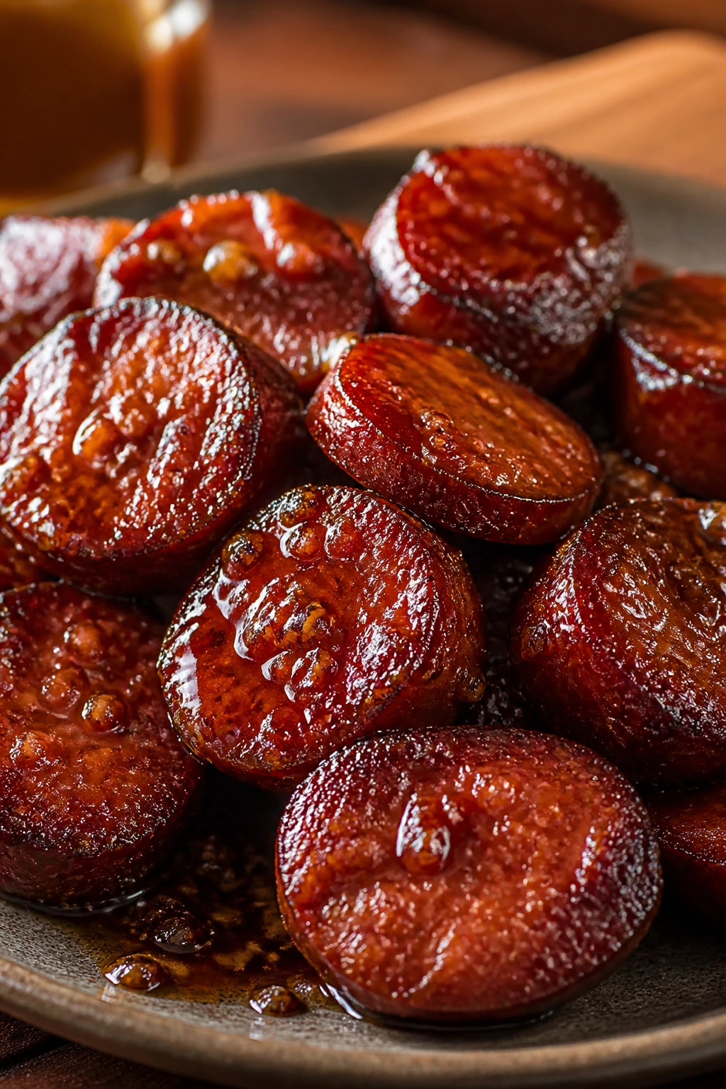 Close-up of sausage slices with glossy glaze on a plate