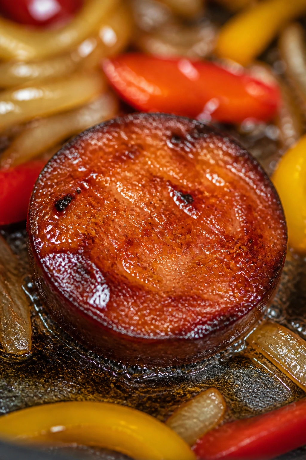 Close-up of smoked sausage browning with glaze and vegetables in the background
