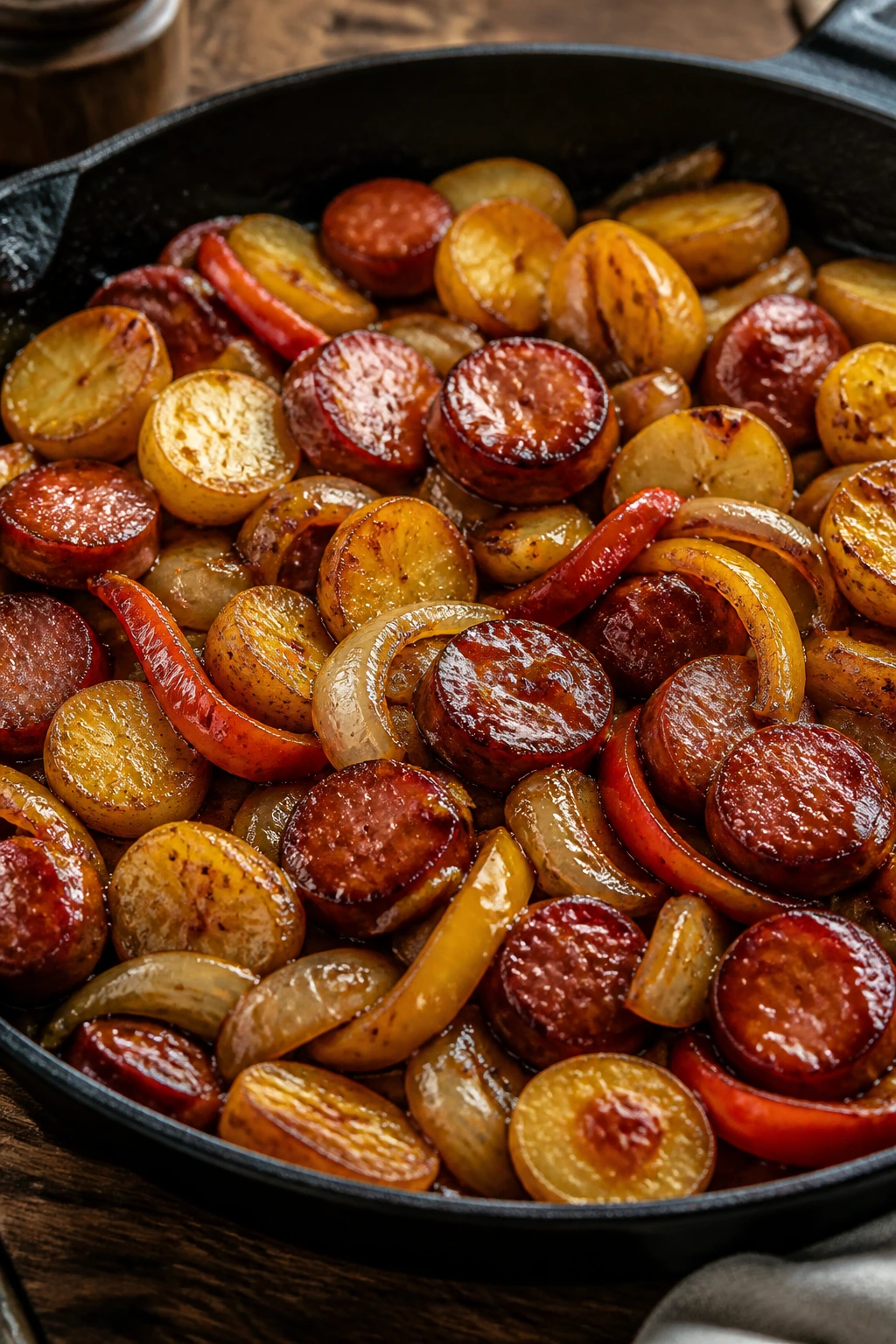 Close-up of a one-pan smoked sausage dinner with potatoes, onions, peppers and a shiny glaze in a kitchen