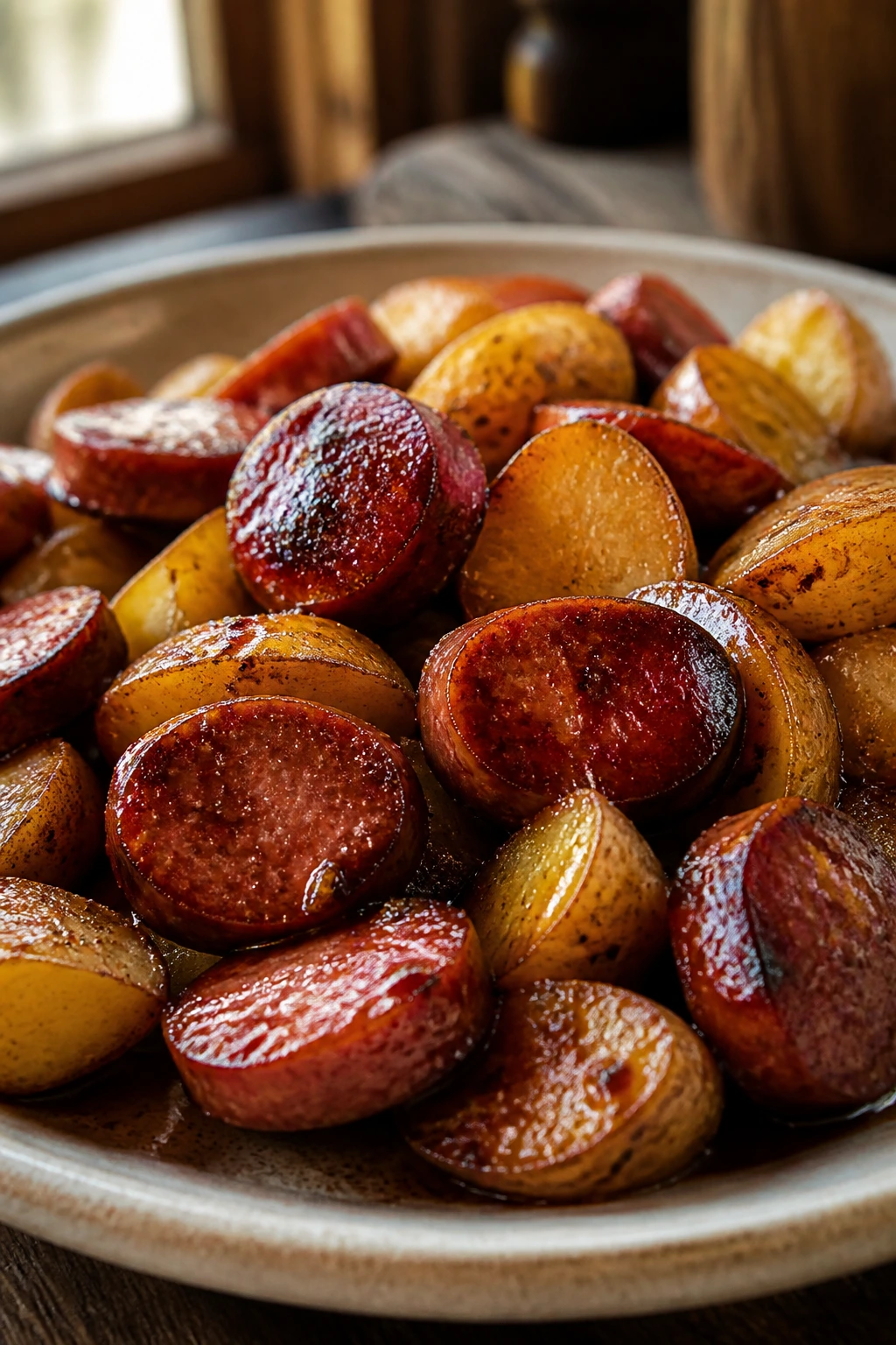 Close-up of glossy smoked sausage with caramel glaze and potatoes on a plate.