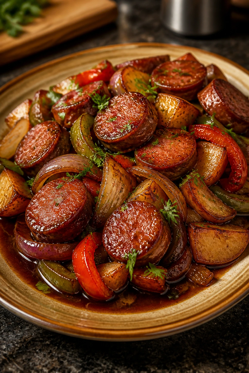 Close-up of plated smoked sausage meal on a warm platter with glaze and parsley