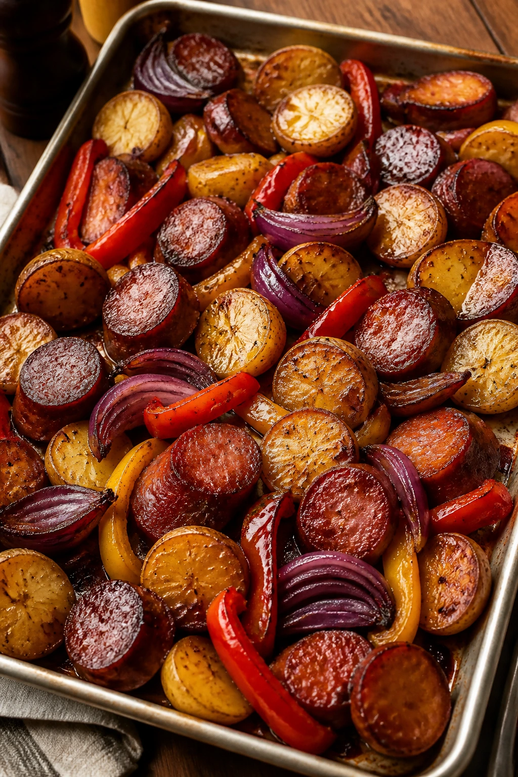 Sheet-pan sausage with potatoes peppers and onions glazed in brown sugar