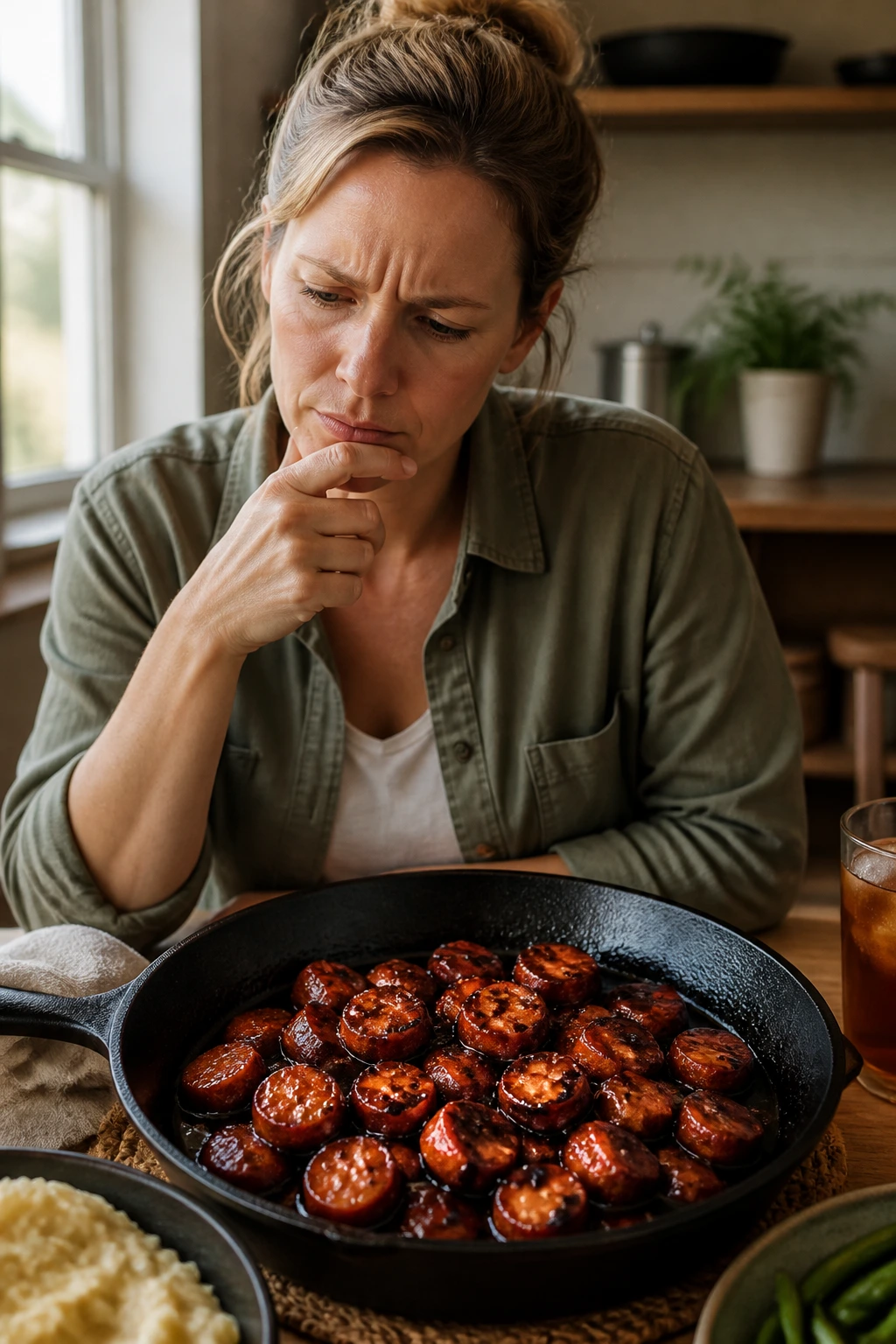 Curious diner examining glazed smoked sausage in a warm kitchen
