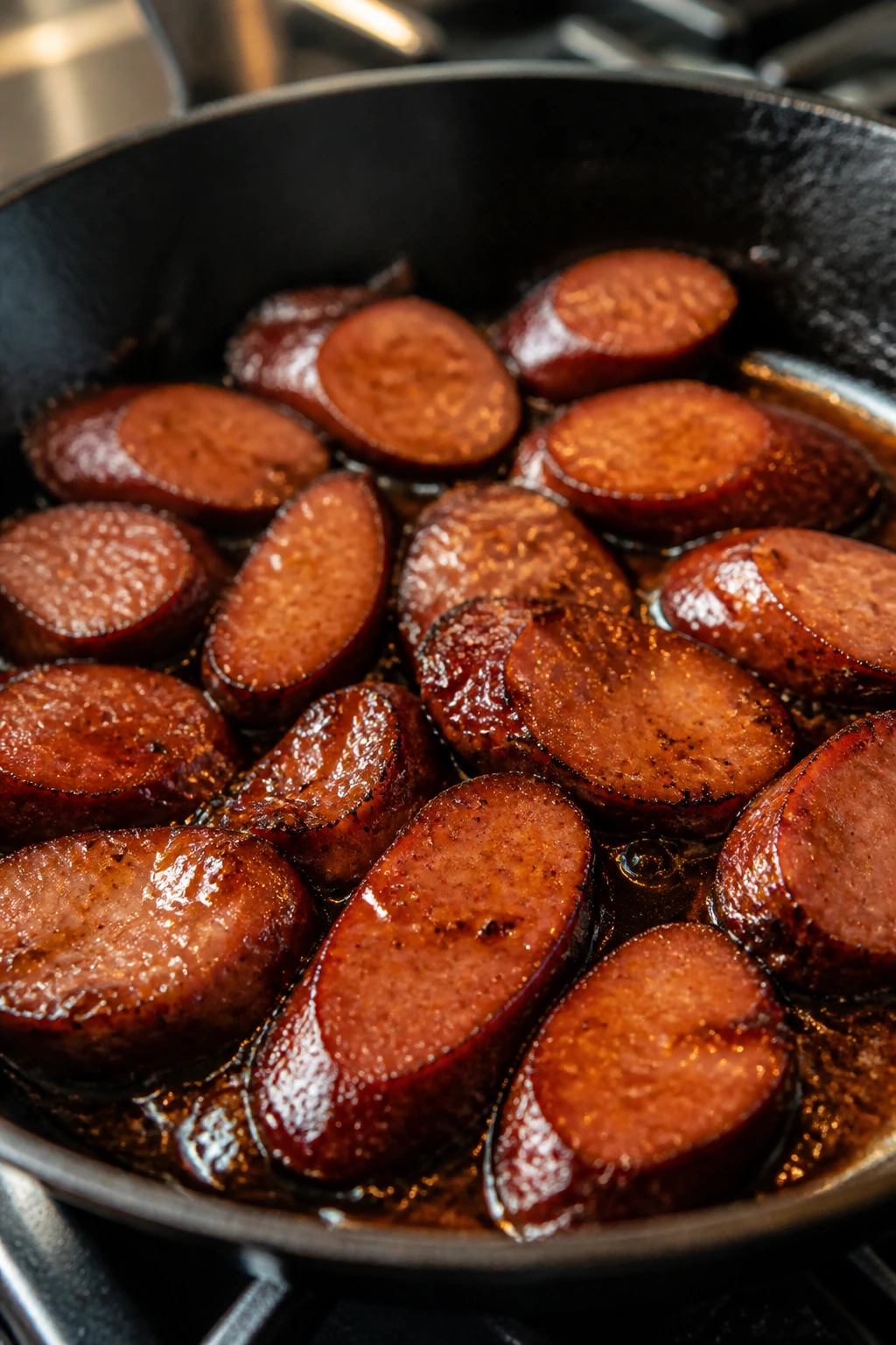 Close-up of browned smoked sausage with glossy glaze in a skillet.