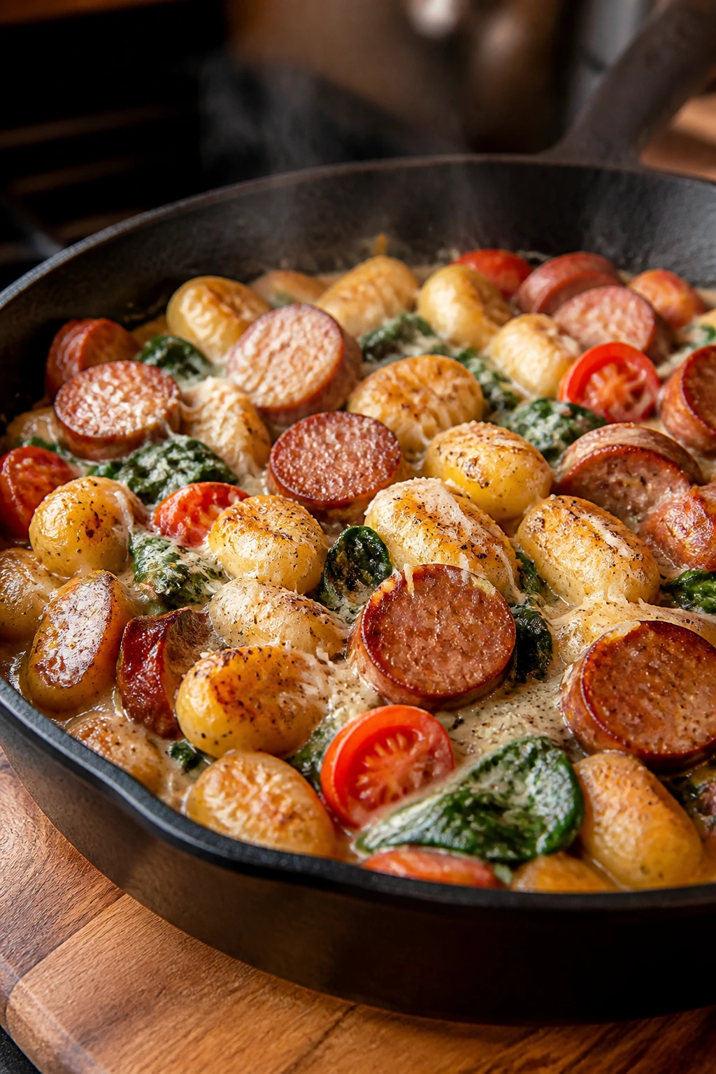 Close-up of smoked sausage gnocchi skillet with creamy Parmesan coating