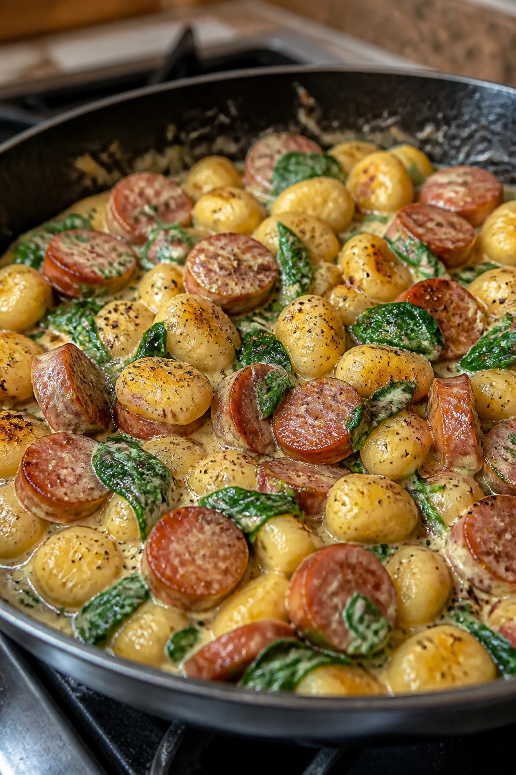Close-up of gnocchi and sausage in a skillet with creamy sauce
