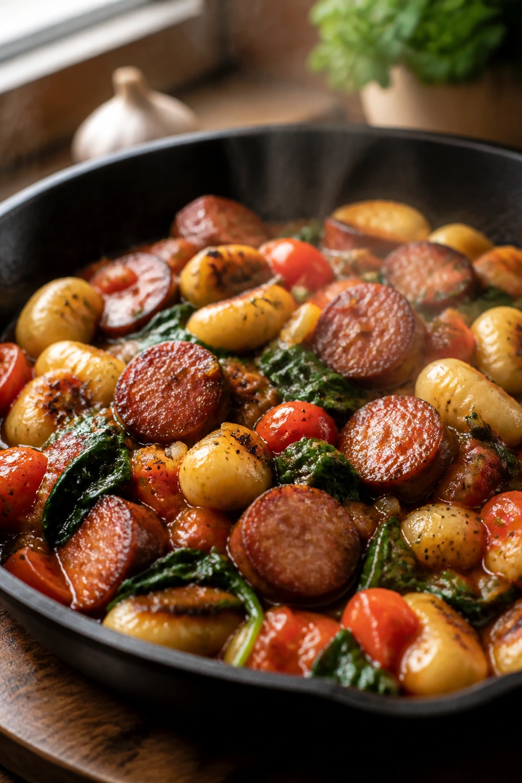 Close-up of smoked sausage gnocchi skillet with tomatoes and spinach