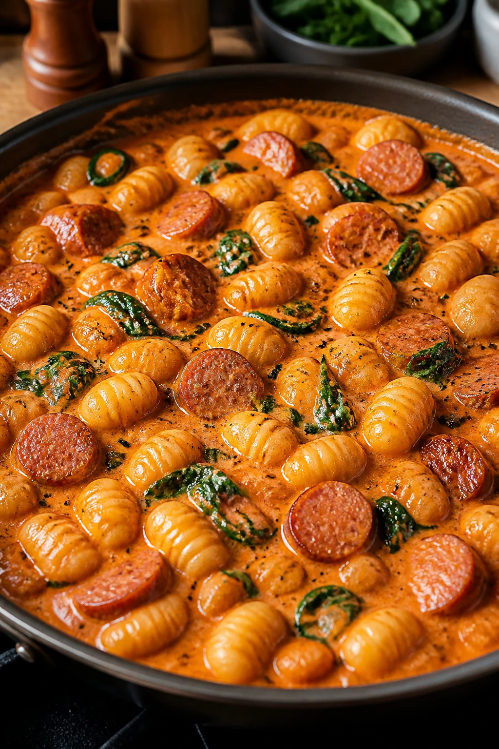 Gnocchi in tomato cream with smoked sausage and spinach in a skillet