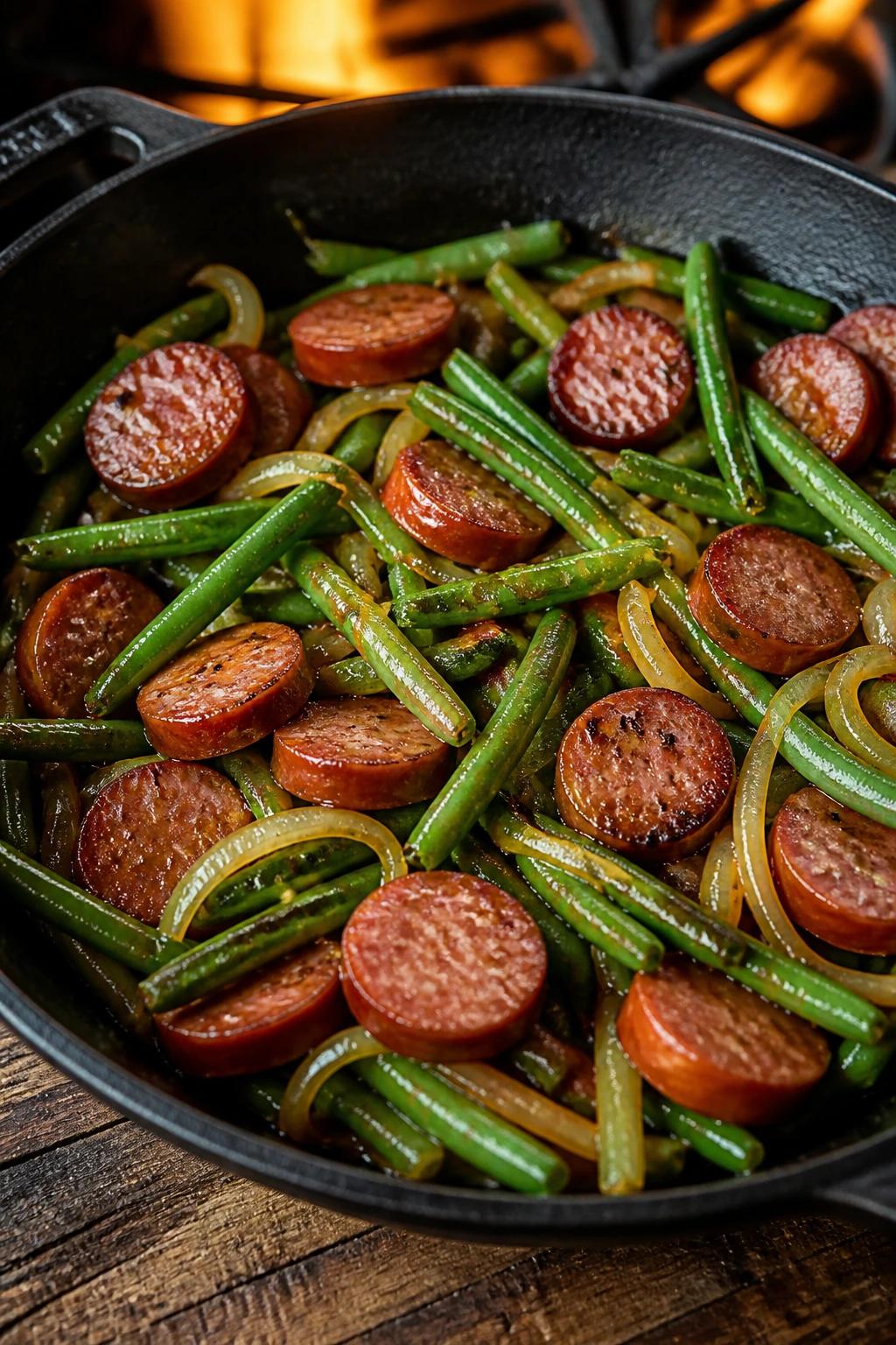 Skillet with smoked sausage and green beans