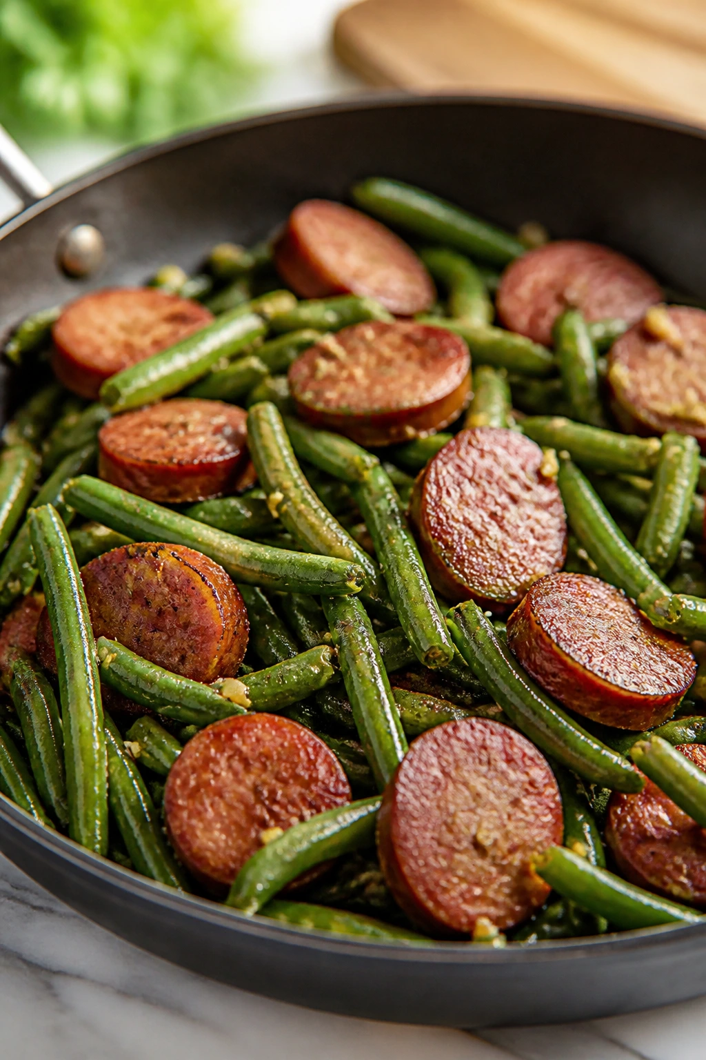 Skillet of smoked sausage with green beans