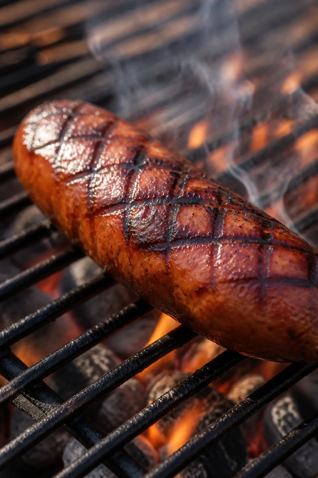 Close-up of smoked sausage with grill marks on a hot grill