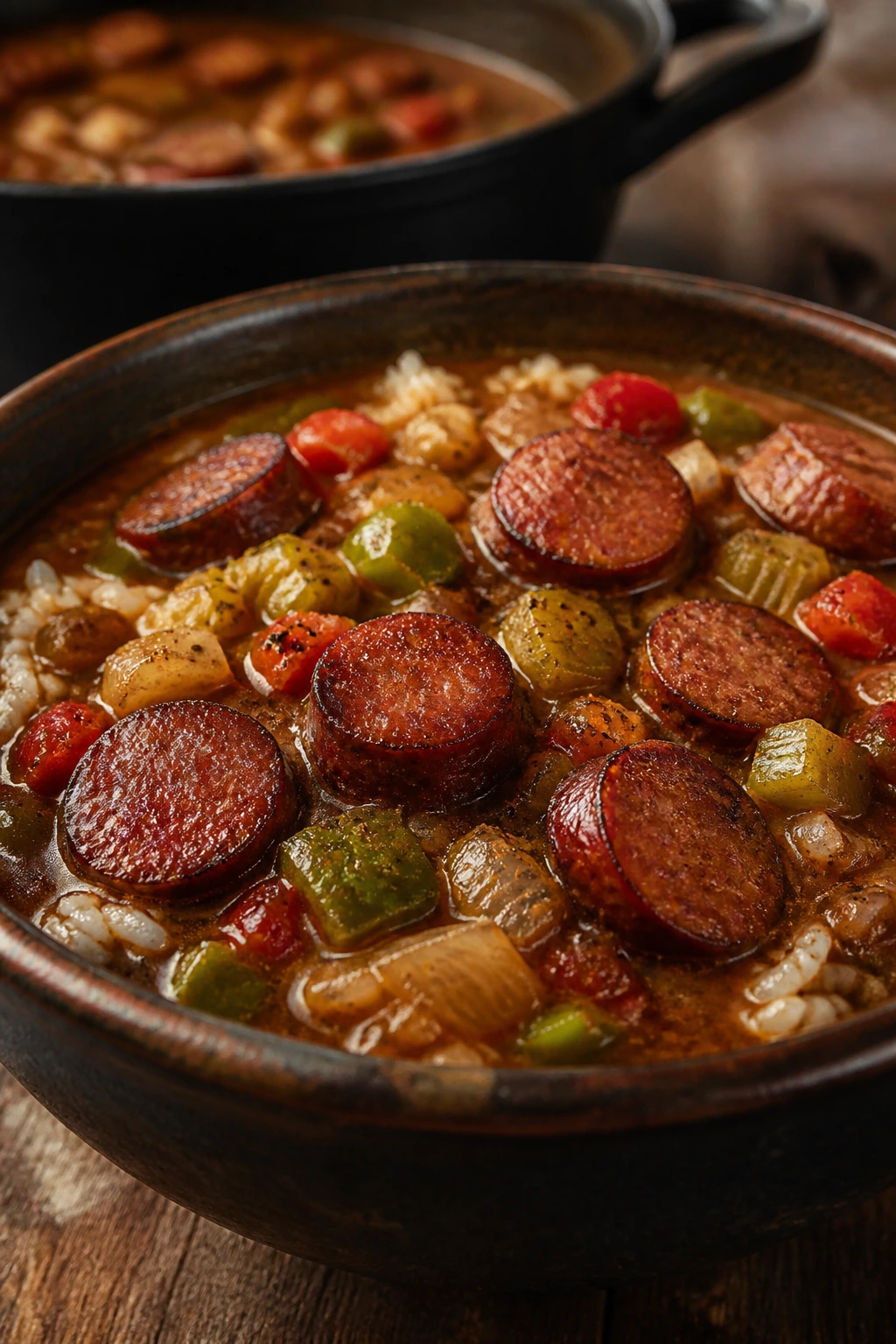 Close-up of Smoky Sausage Gumbo-Style Stew in a rustic bowl