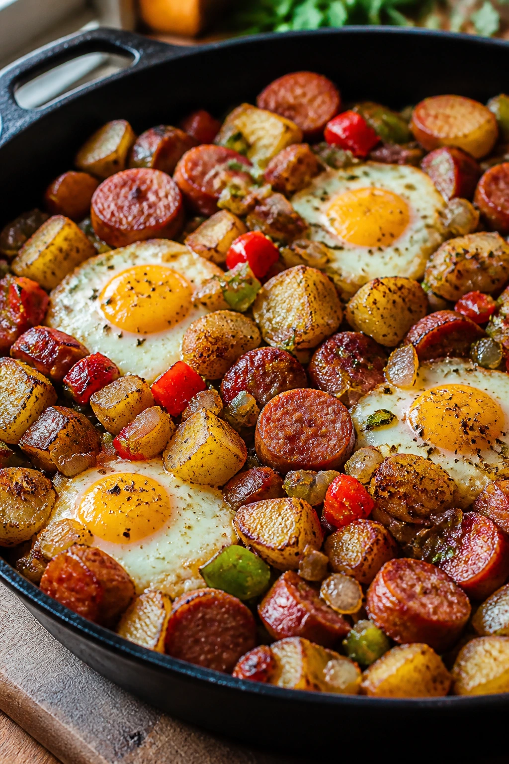 Close-up of smoked sausage hash with eggs in a cast-iron skillet