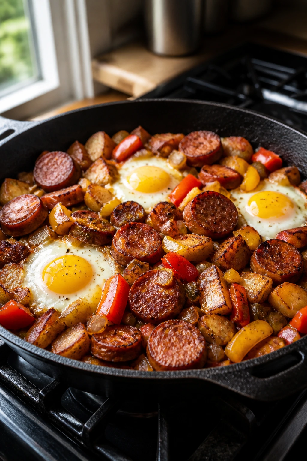 Skillet hash with smoked sausage, potatoes, onions, peppers, and eggs in a cast-iron skillet