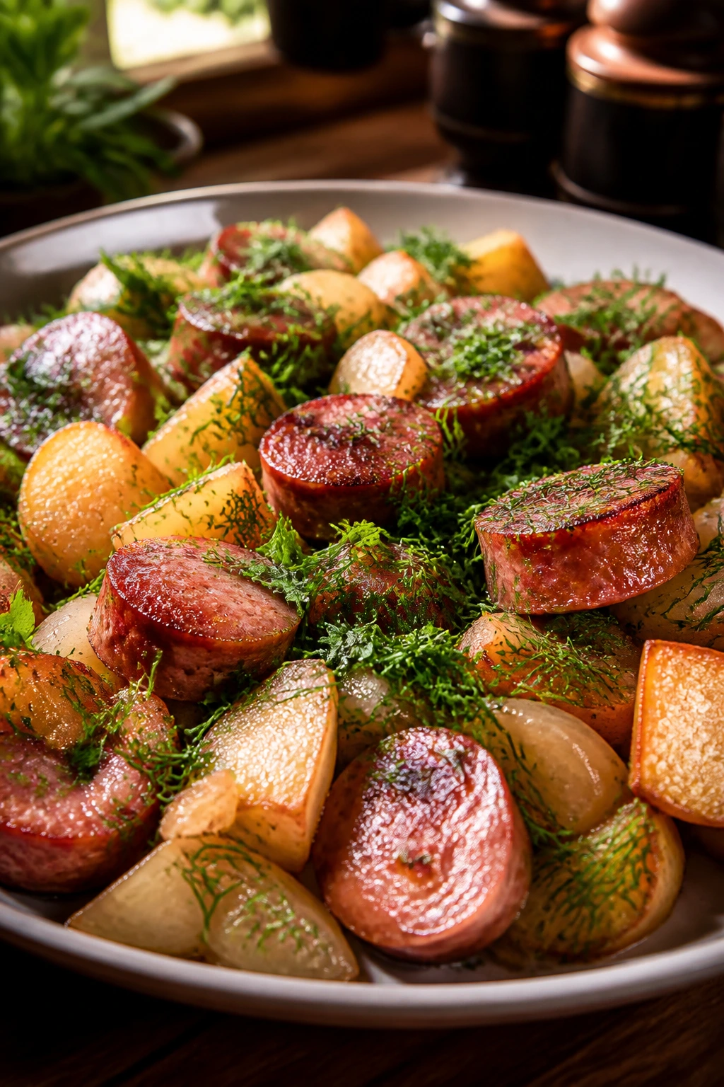 Sausage with potatoes and fresh herbs on plate