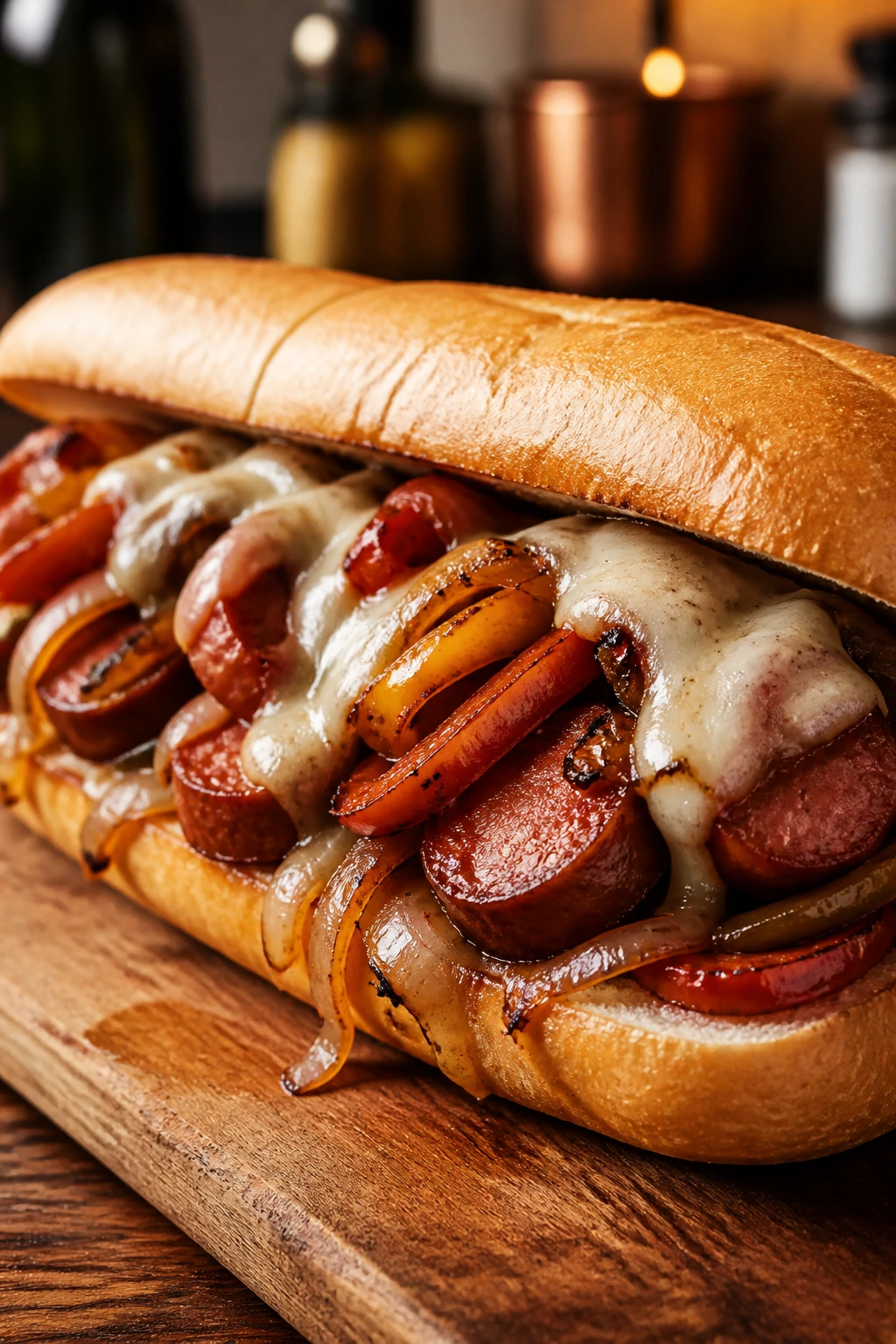 Smoked sausage hoagie sandwich with peppers onions and provolone