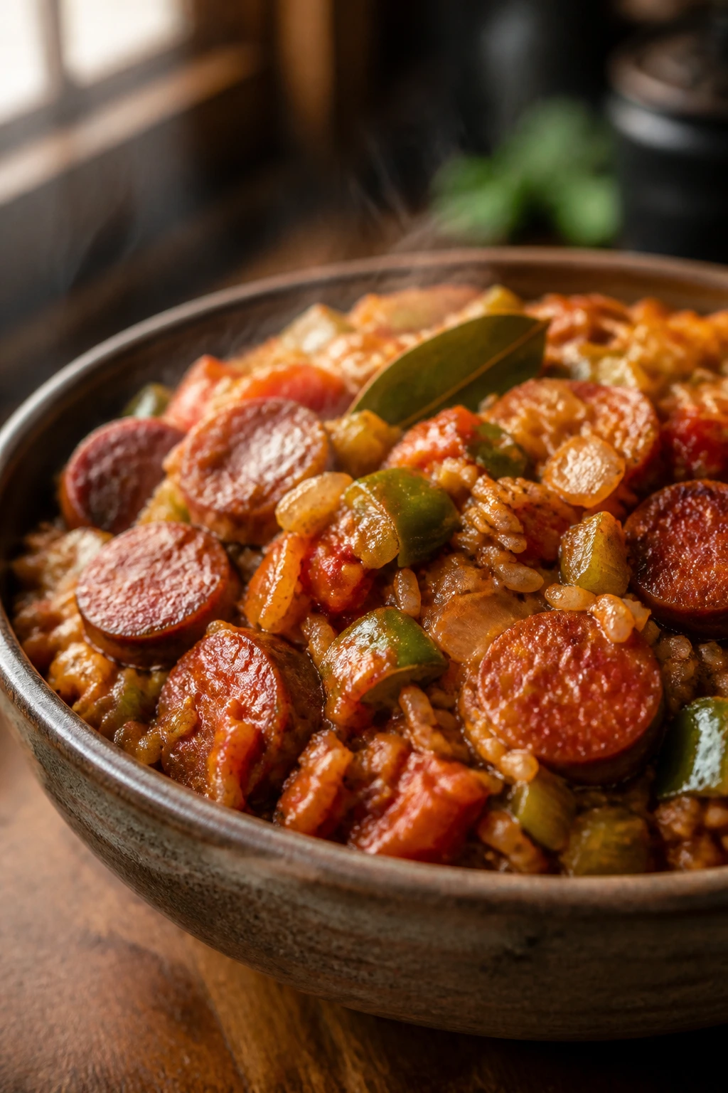 Close-up of smoky sausage jambalaya with rice and vegetables in a rustic bowl