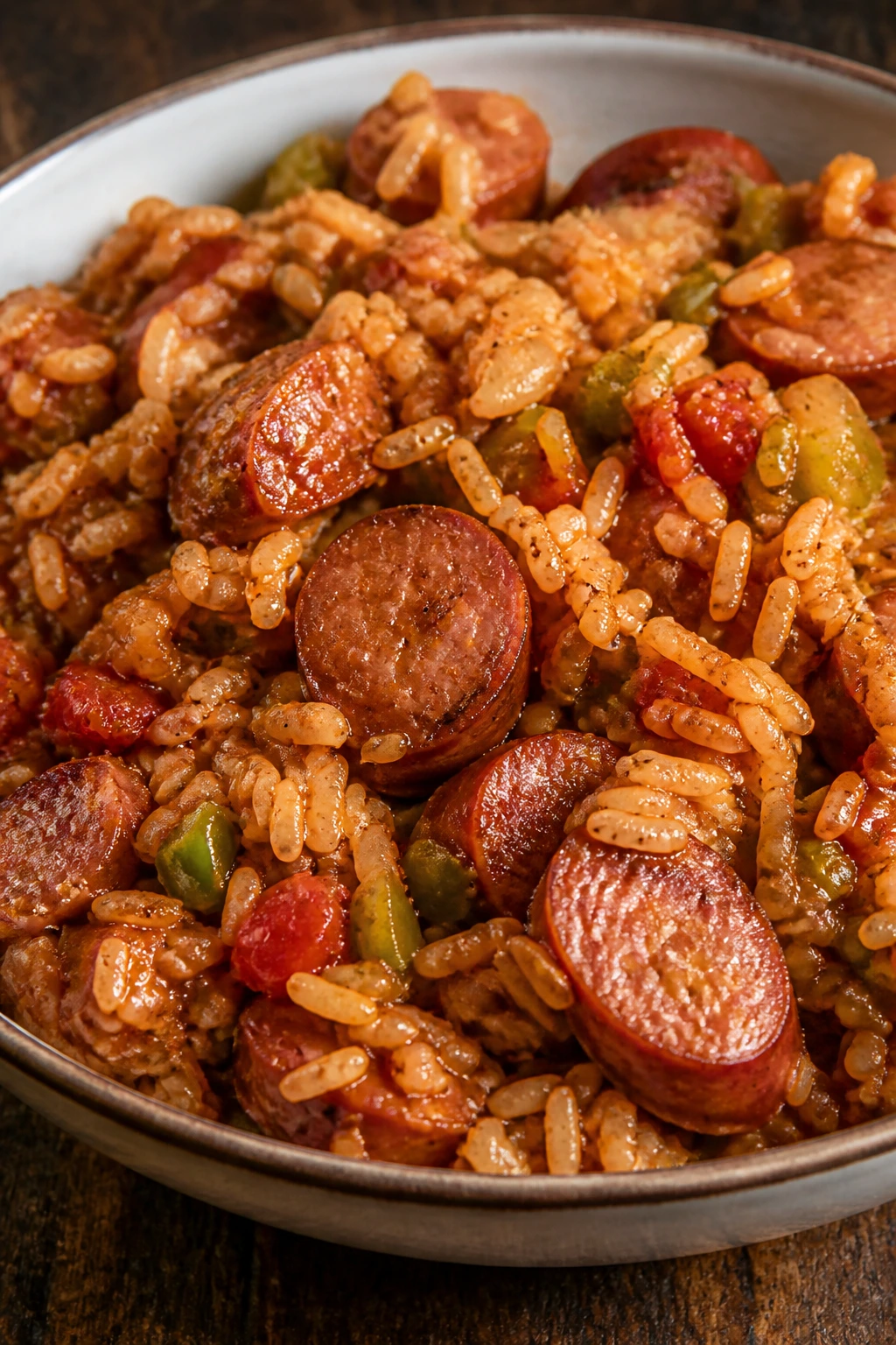 Jambalaya with smoked sausage and rice in a bowl