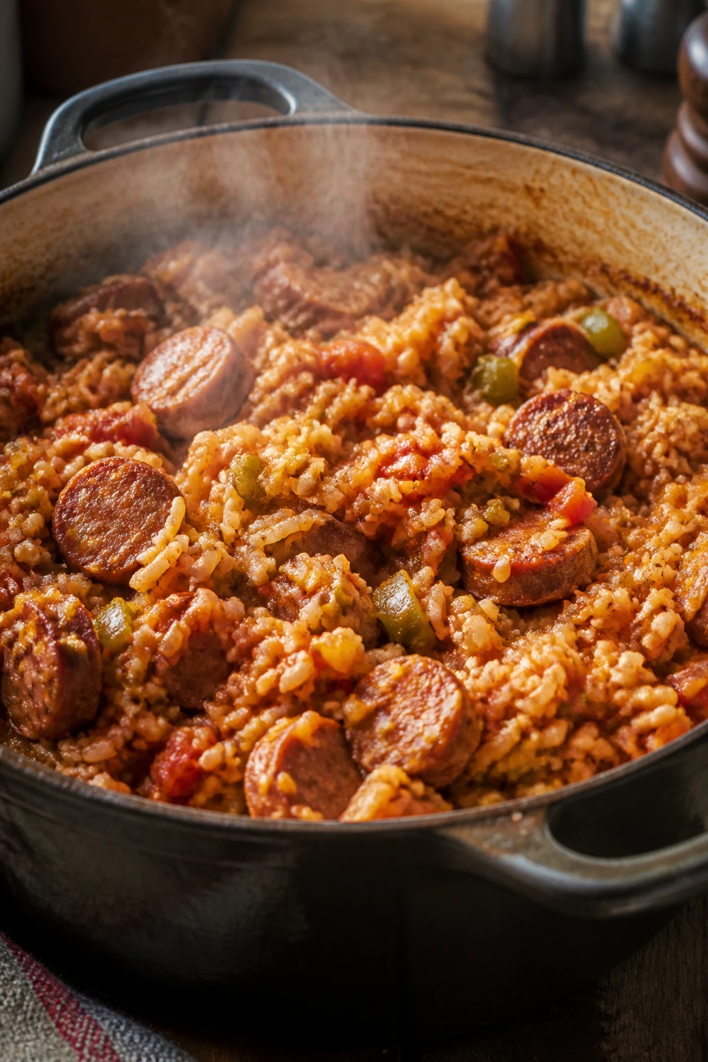 Dutch oven jambalaya with smoked sausage and rice