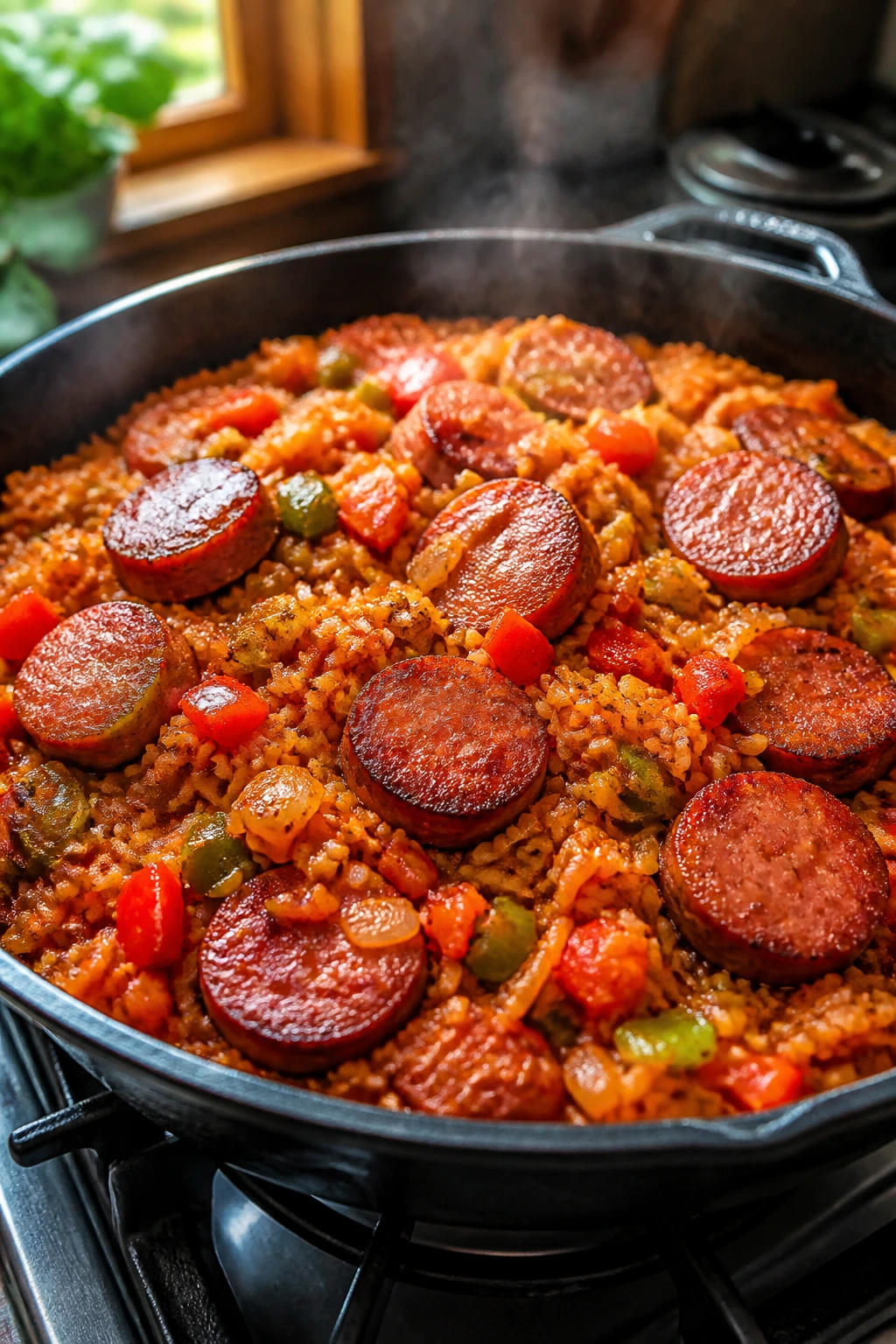 Close-up jambalaya with smoked sausage, peppers, and rice in cast iron skillet